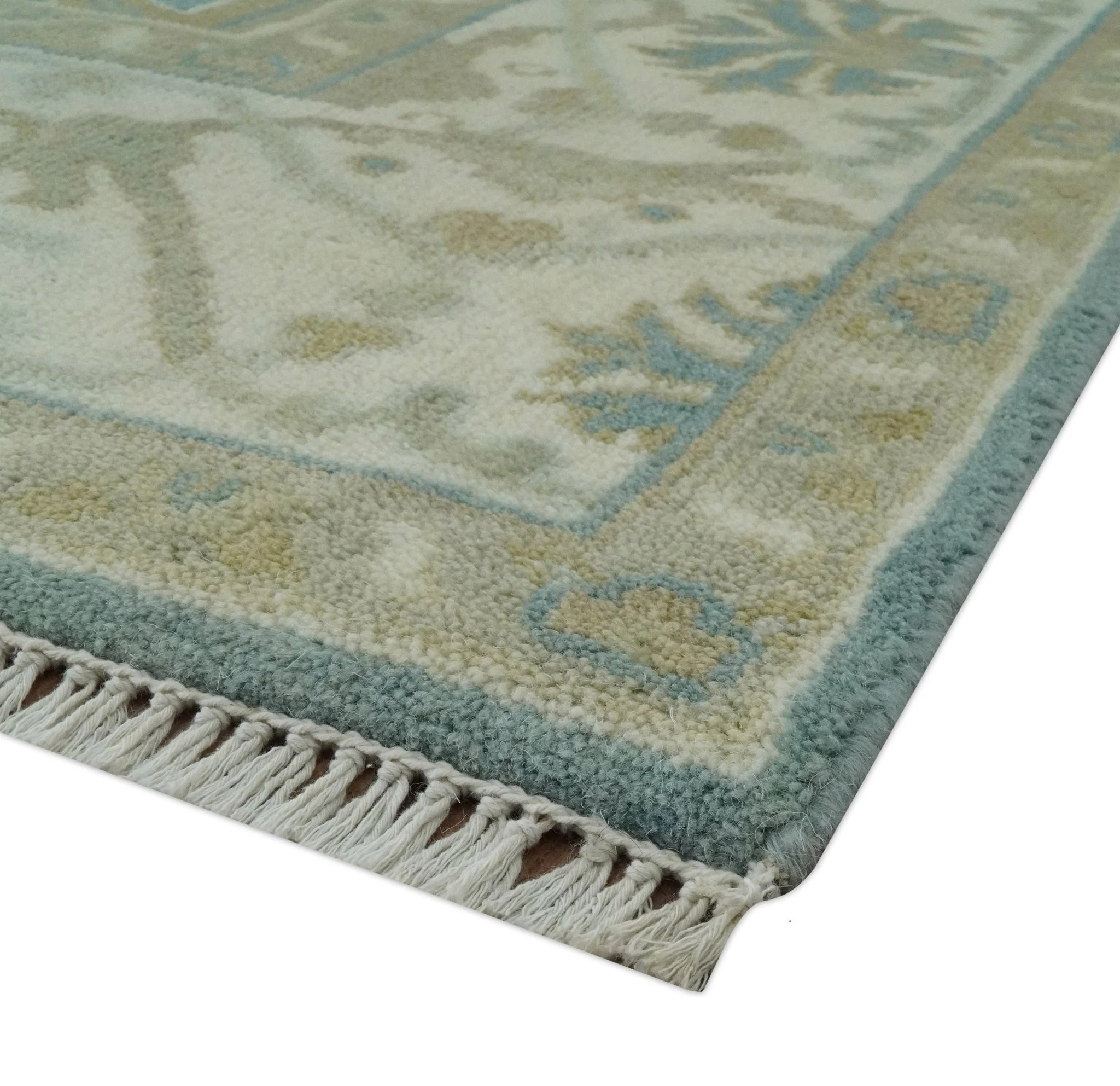 Hand Knotted 6x9 Teal, Ivory and Olive Traditional Oriental Oushak wool rug - Image 5