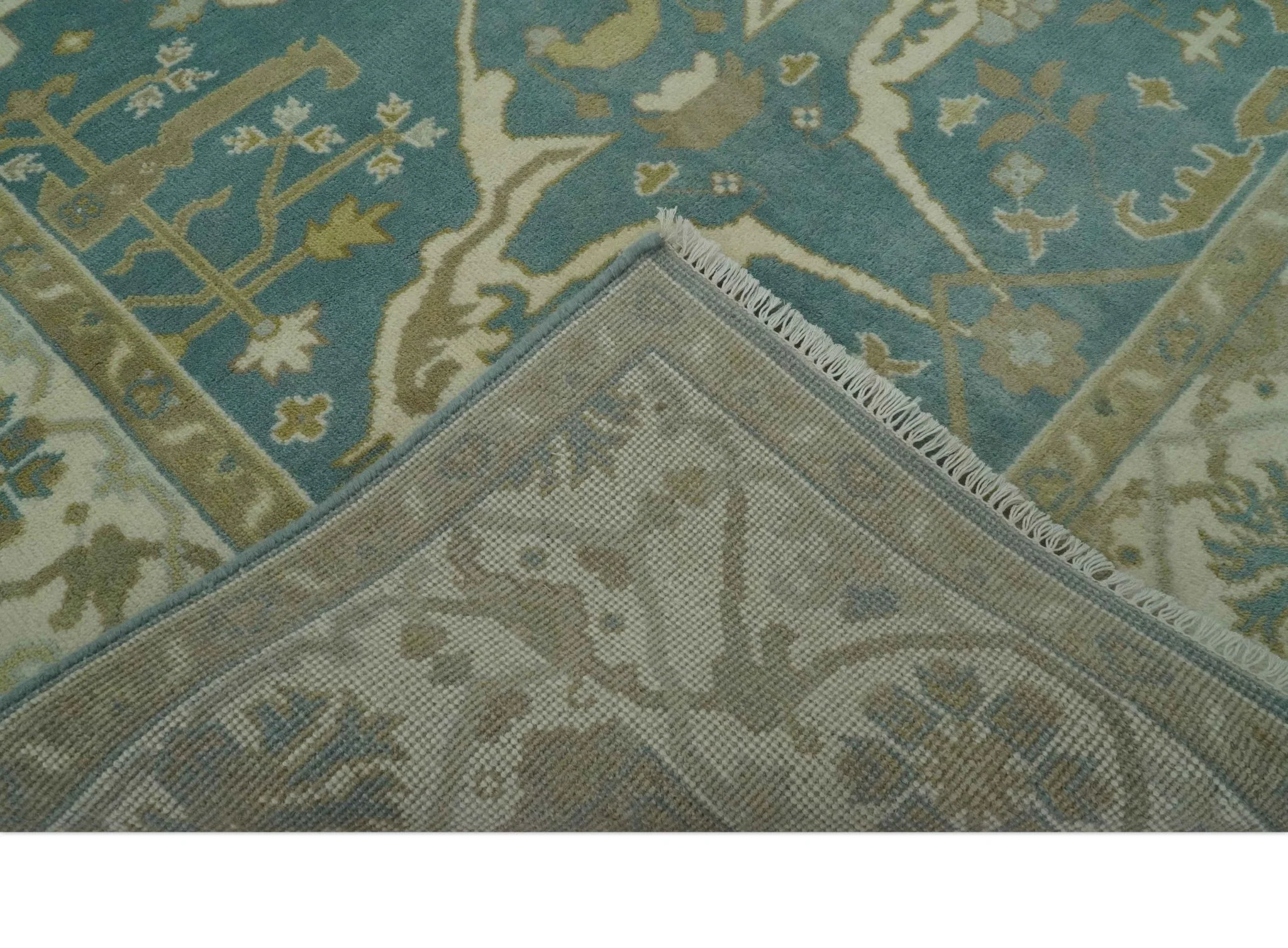 Hand Knotted 6x9 Teal, Ivory and Olive Traditional Oriental Oushak wool rug - Image 7