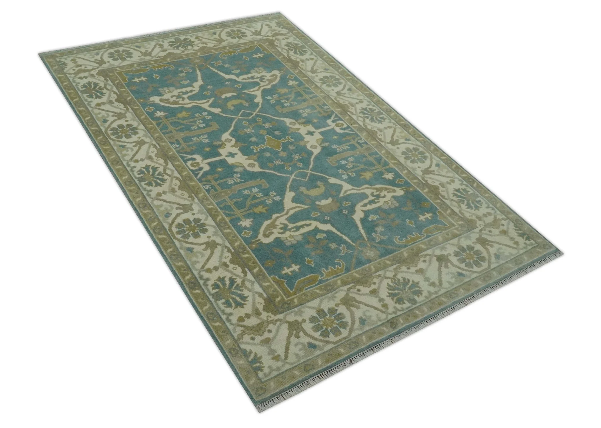 Hand Knotted 6x9 Teal, Ivory and Olive Traditional Oriental Oushak wool rug - Image 9