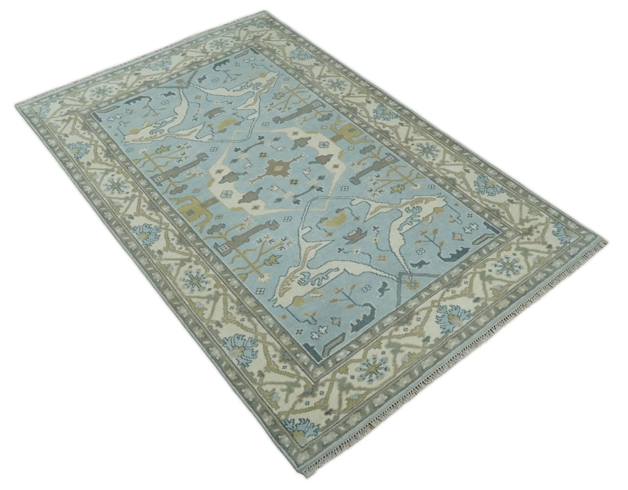 Hand Knotted 6x9 Vintage Blue, Beige and Camel Oriental Oushak Wool Area Rug | TRDCP86969 - Image 10