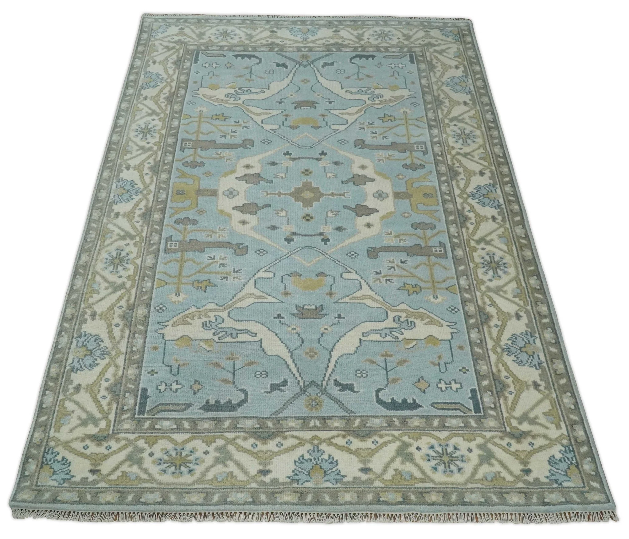 Hand Knotted 6x9 Vintage Blue, Beige and Camel Oriental Oushak Wool Area Rug | TRDCP86969 - Image 11
