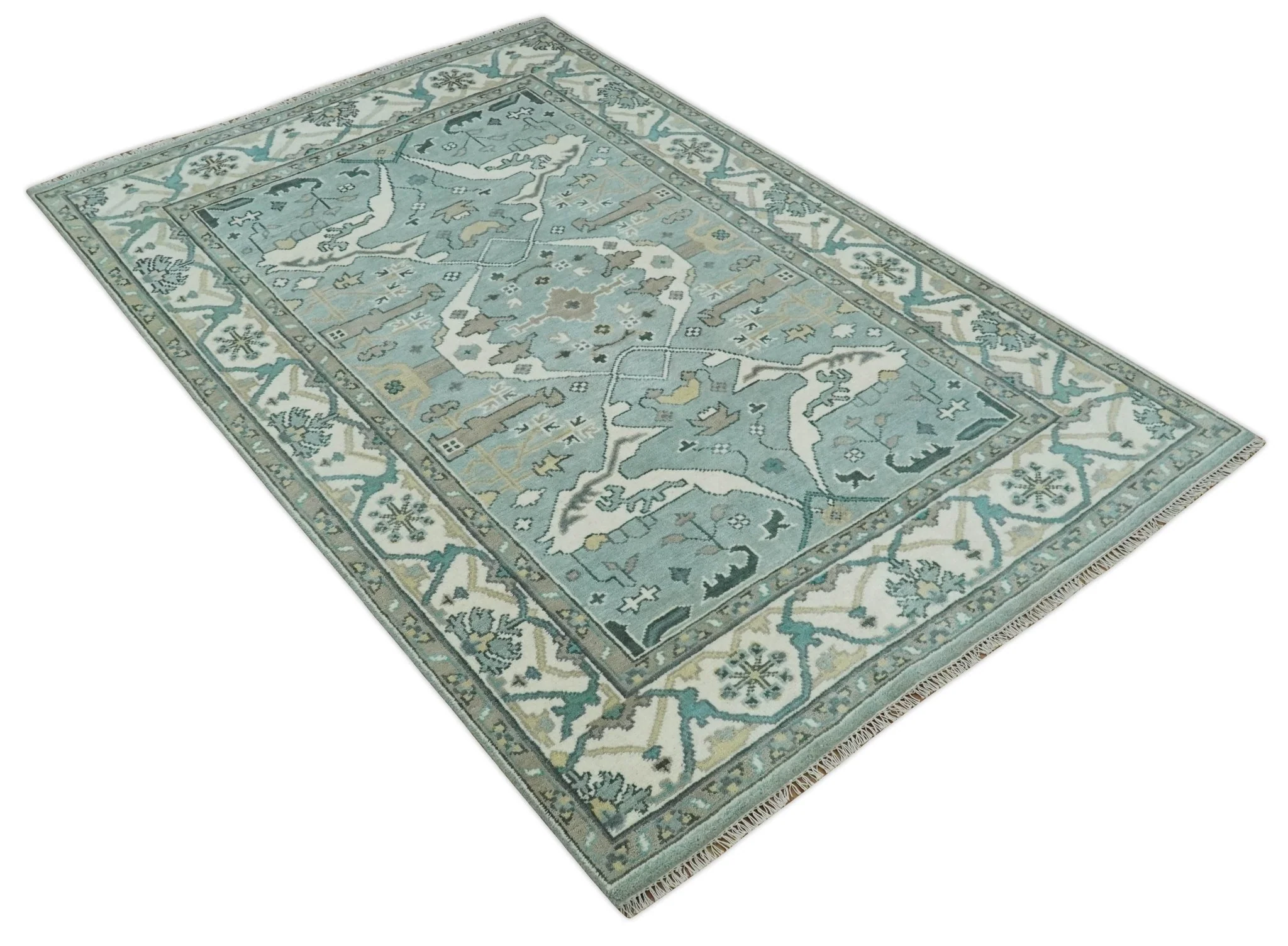 Hand Knotted 6x9 Vintage Blue, Ivory and Silver Oriental Oushak Wool Area Rug | TRDCP87169 - Image 10