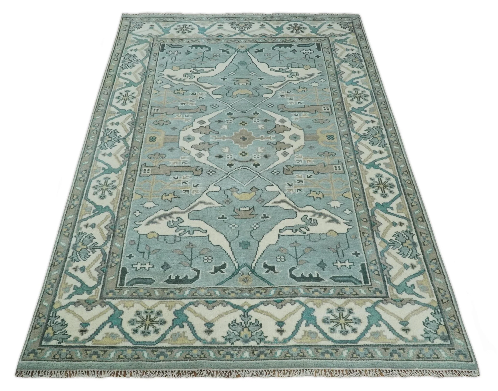 Hand Knotted 6x9 Vintage Blue, Ivory and Silver Oriental Oushak Wool Area Rug | TRDCP87169 - Image 11