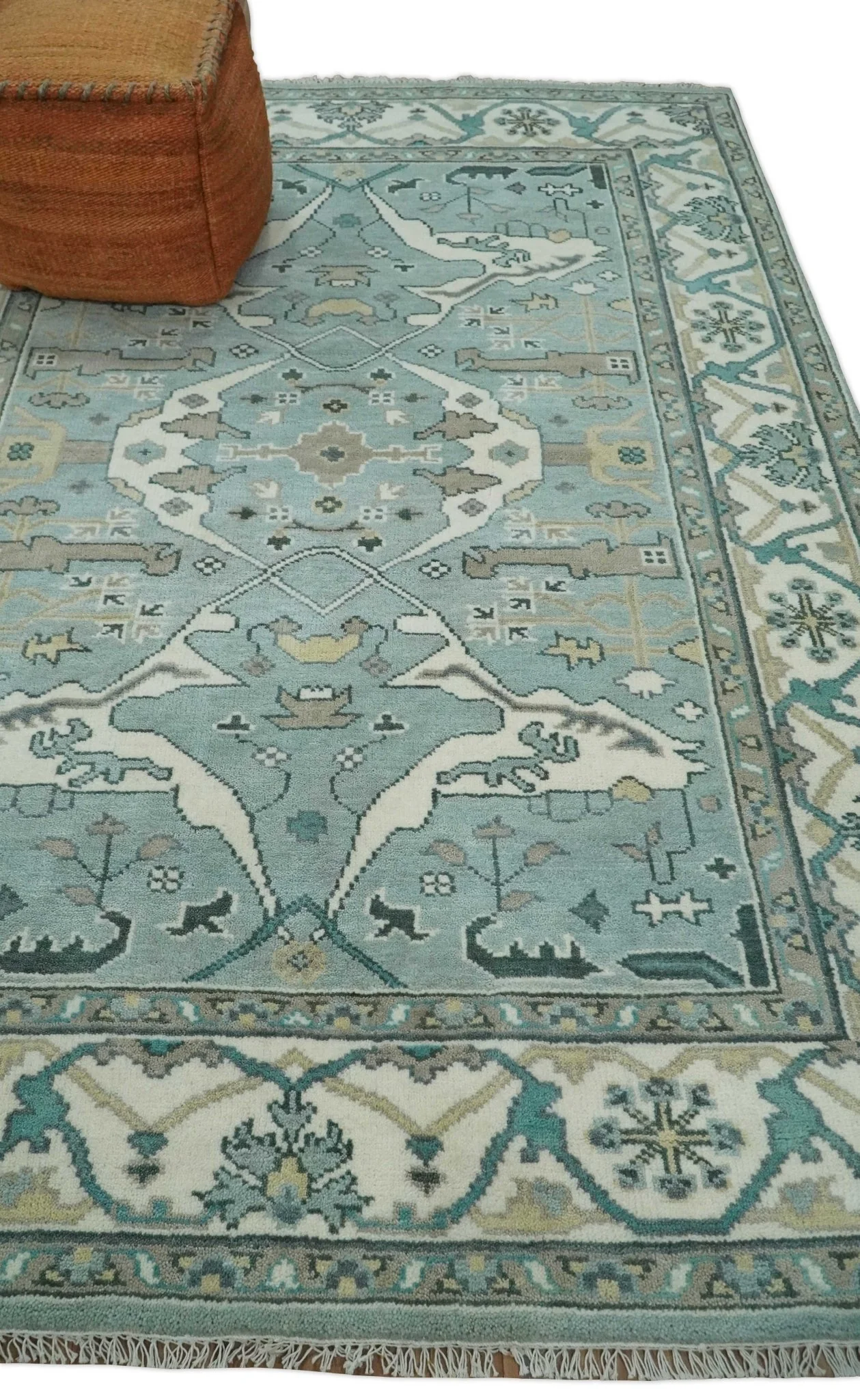 Hand Knotted 6x9 Vintage Blue, Ivory and Silver Oriental Oushak Wool Area Rug | TRDCP87169 - Image 4
