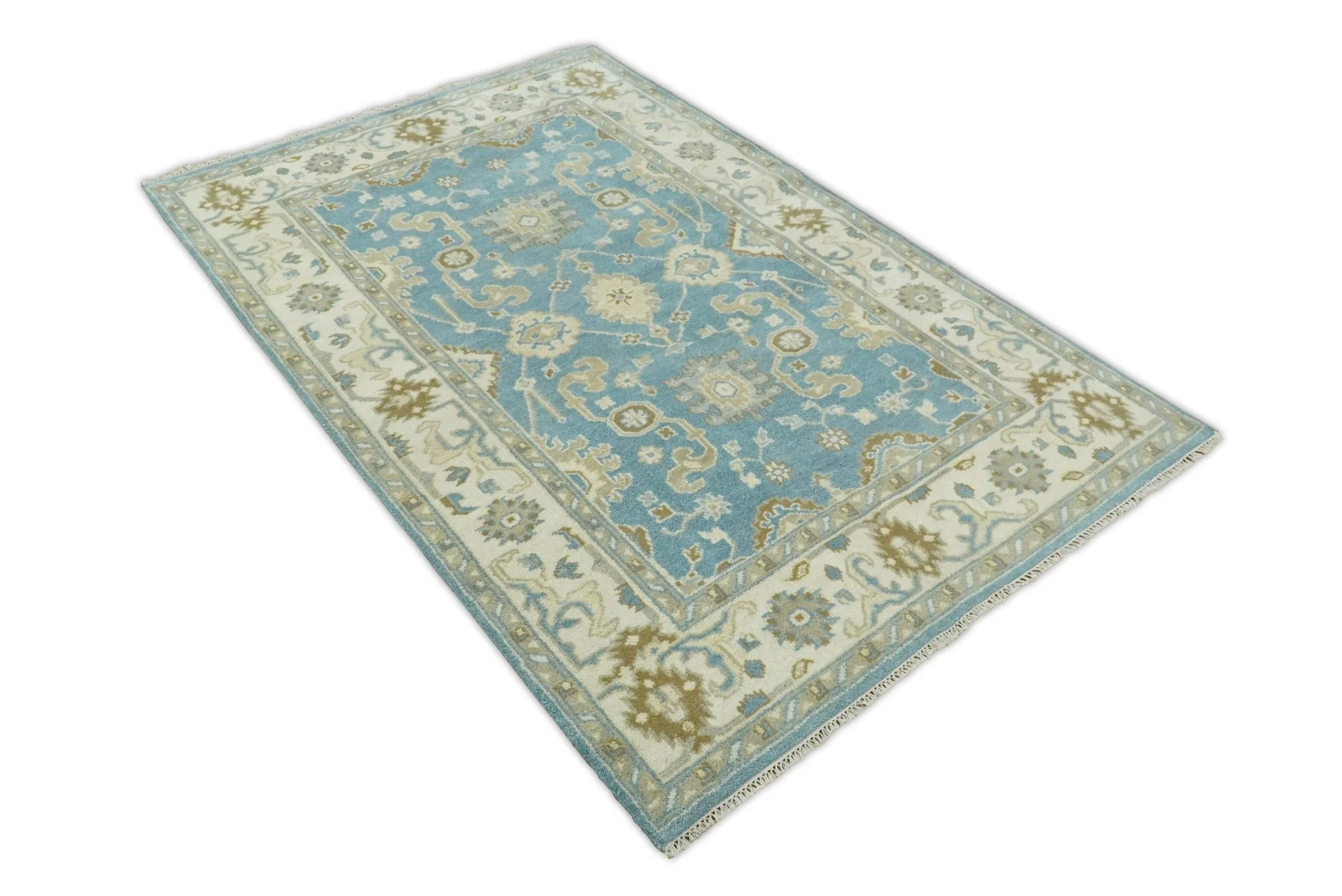 Hand Knotted 6x9 Vintage Oriental Oushak Blue and Beige Wool Area Rug | TRDCP1669 - Image 6