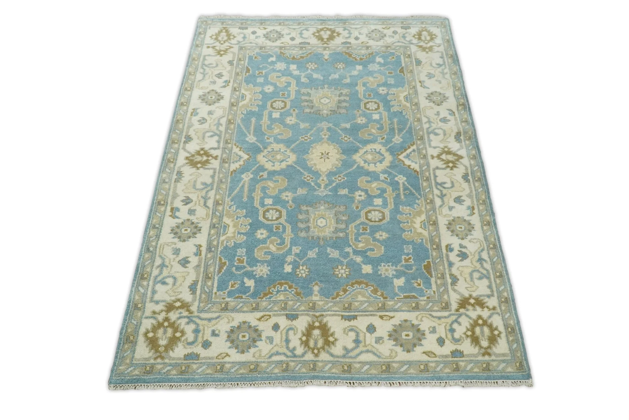 Hand Knotted 6x9 Vintage Oriental Oushak Blue and Beige Wool Area Rug | TRDCP1669 - Image 9