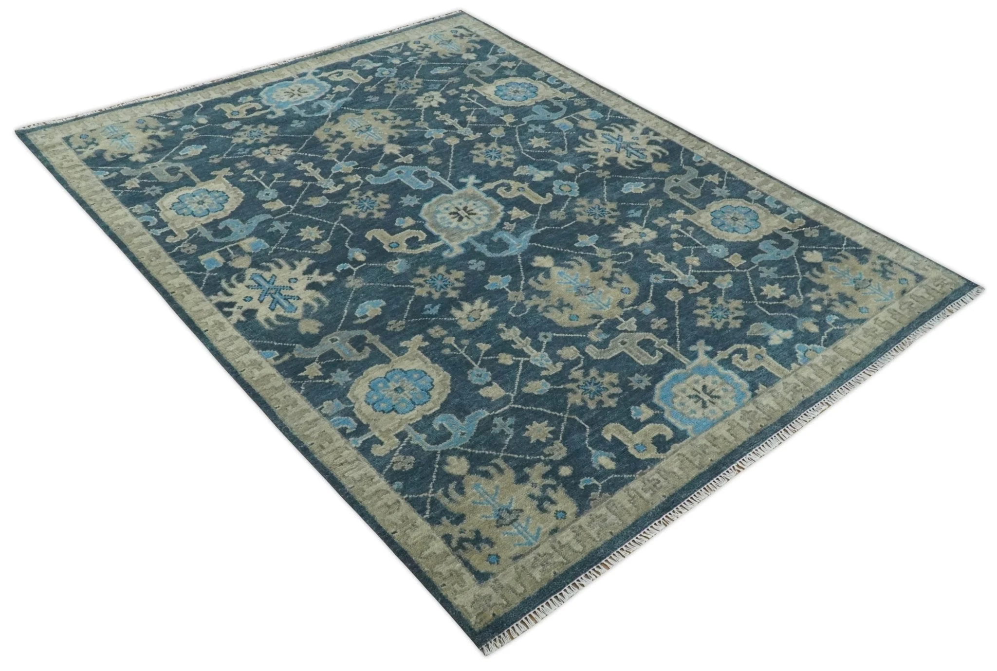 Hand Knotted Vintage Style Oriental Turkish Oushak Blue and Camel Multi Size Wool Area Rug - Image 11