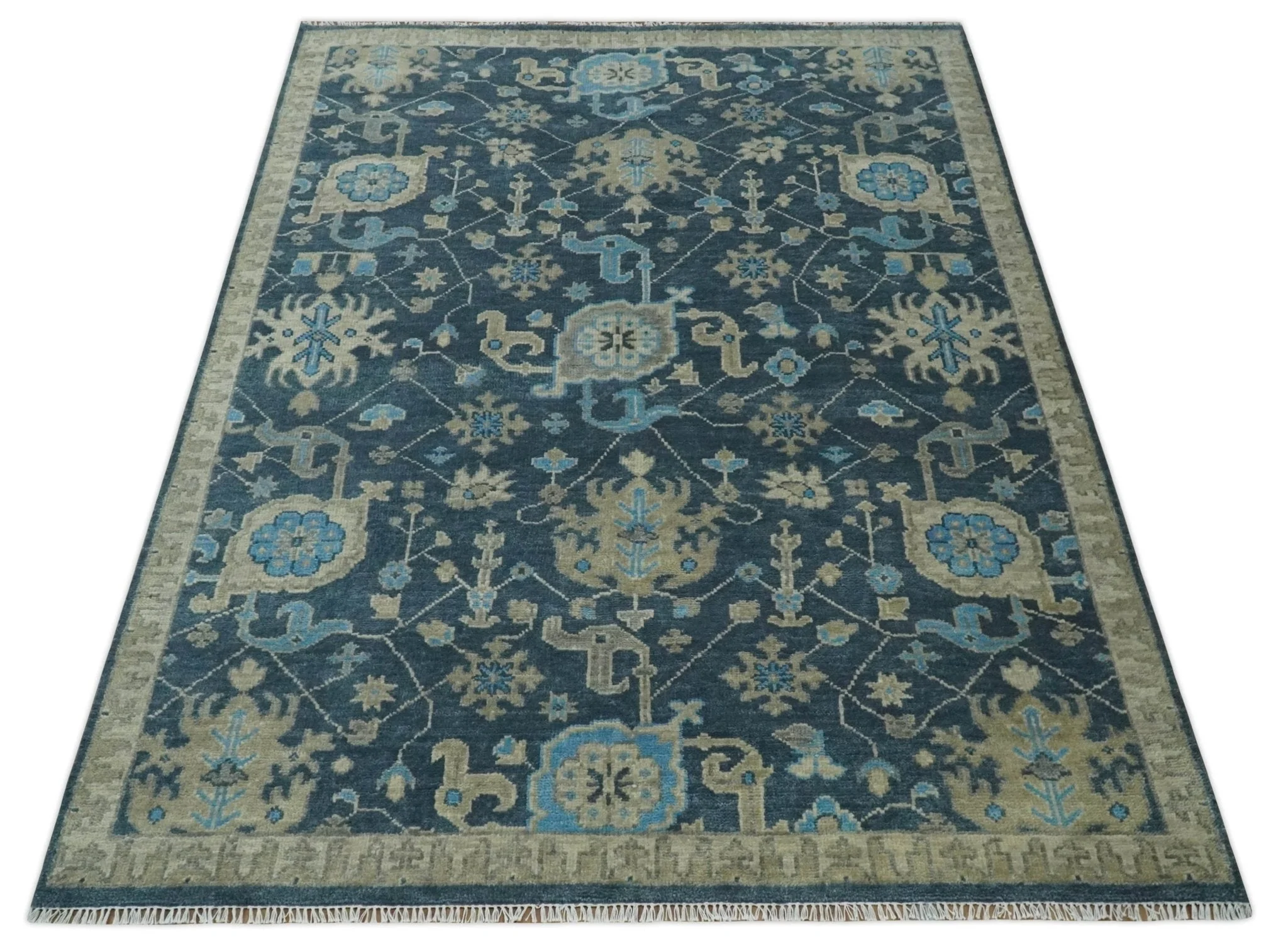 Hand Knotted Vintage Style Oriental Turkish Oushak Blue and Camel Multi Size Wool Area Rug - Image 12