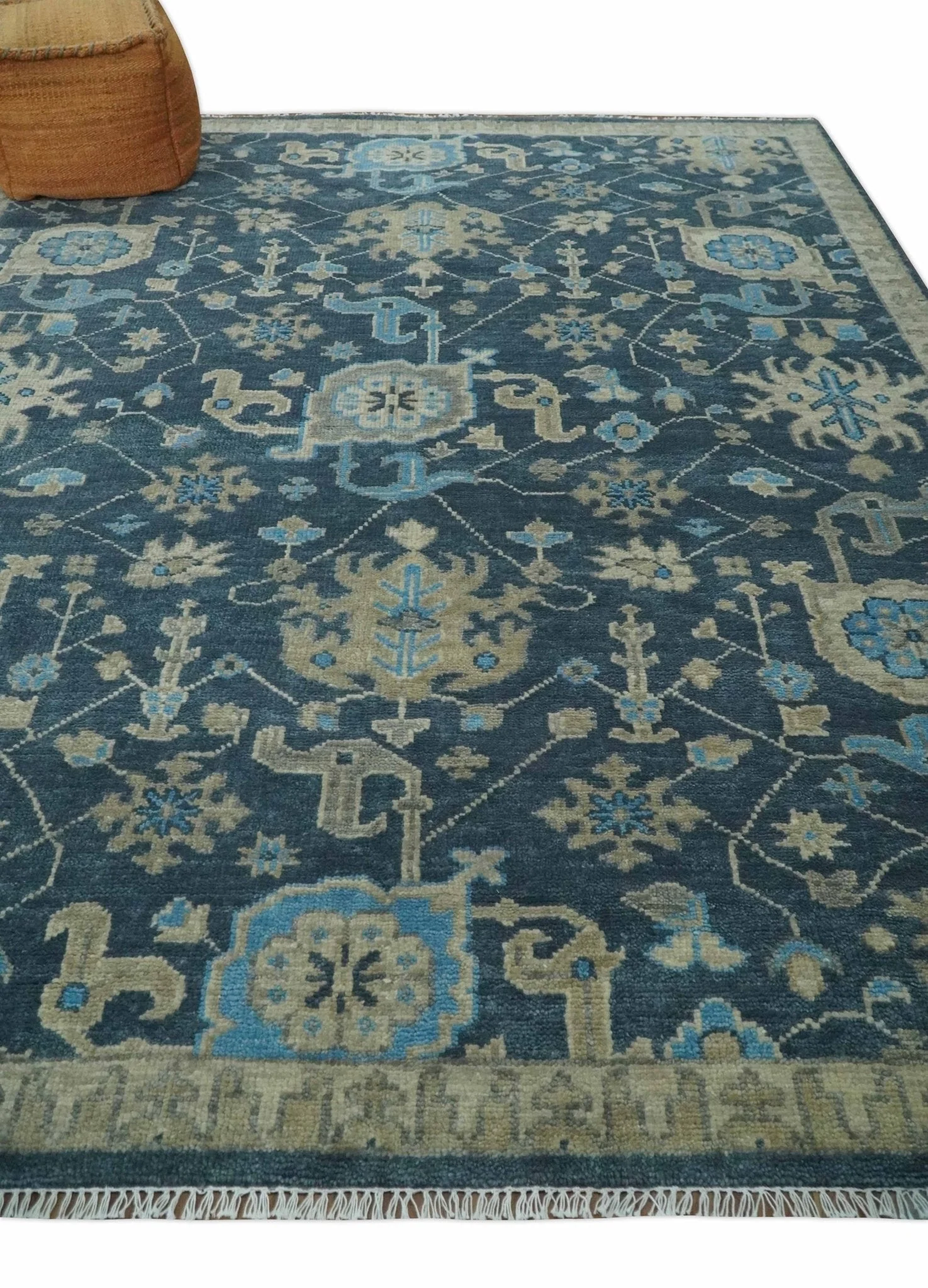 Hand Knotted Vintage Style Oriental Turkish Oushak Blue and Camel Multi Size Wool Area Rug - Image 4