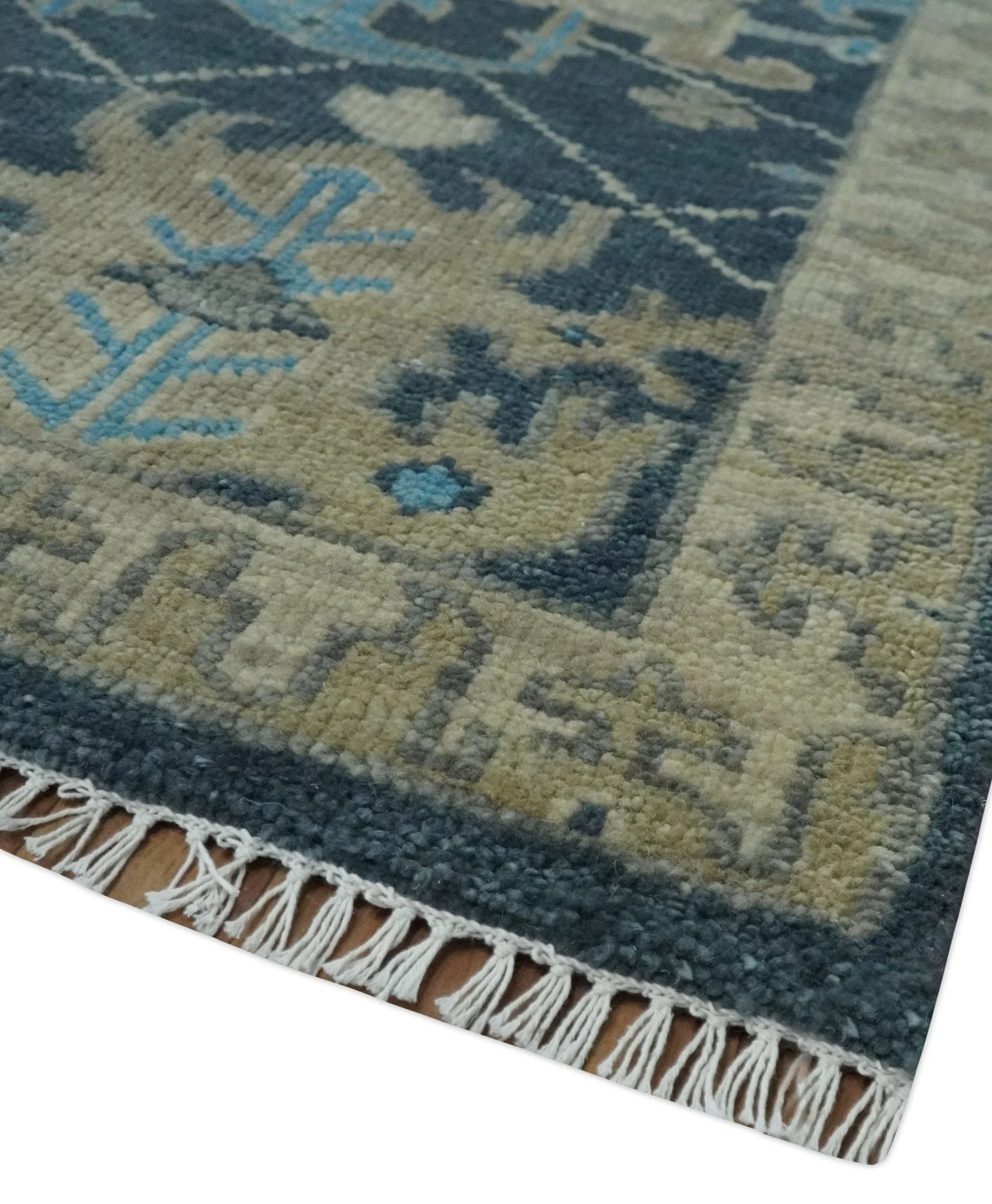 Hand Knotted Vintage Style Oriental Turkish Oushak Blue and Camel Multi Size Wool Area Rug - Image 6