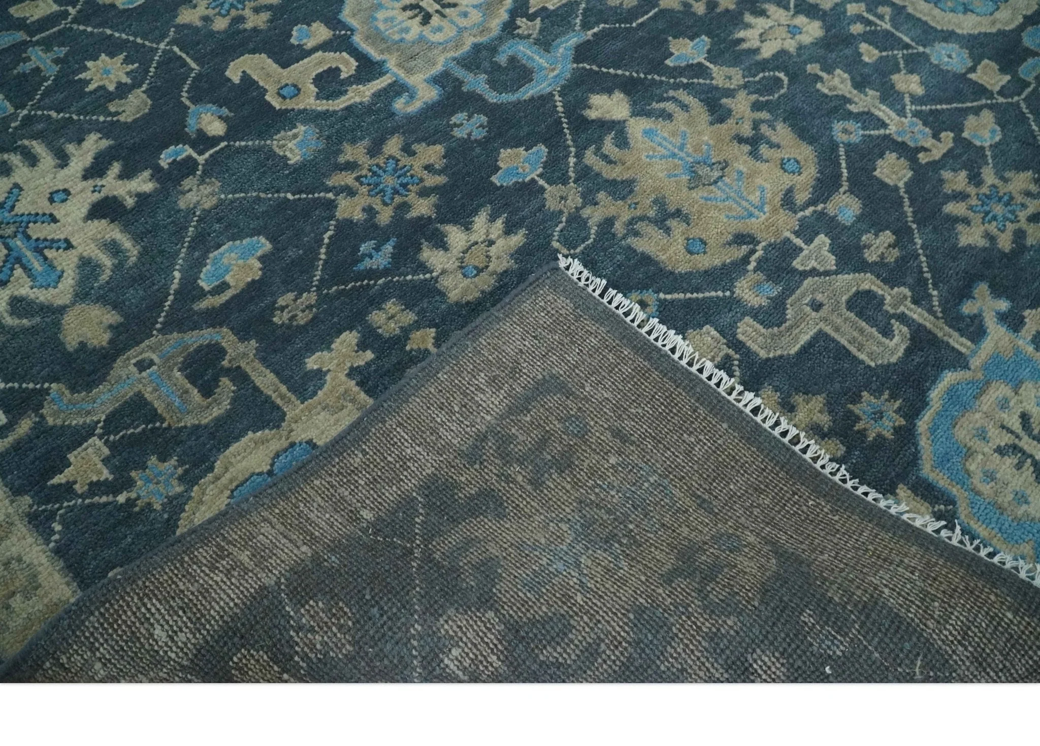 Hand Knotted Vintage Style Oriental Turkish Oushak Blue and Camel Multi Size Wool Area Rug - Image 8