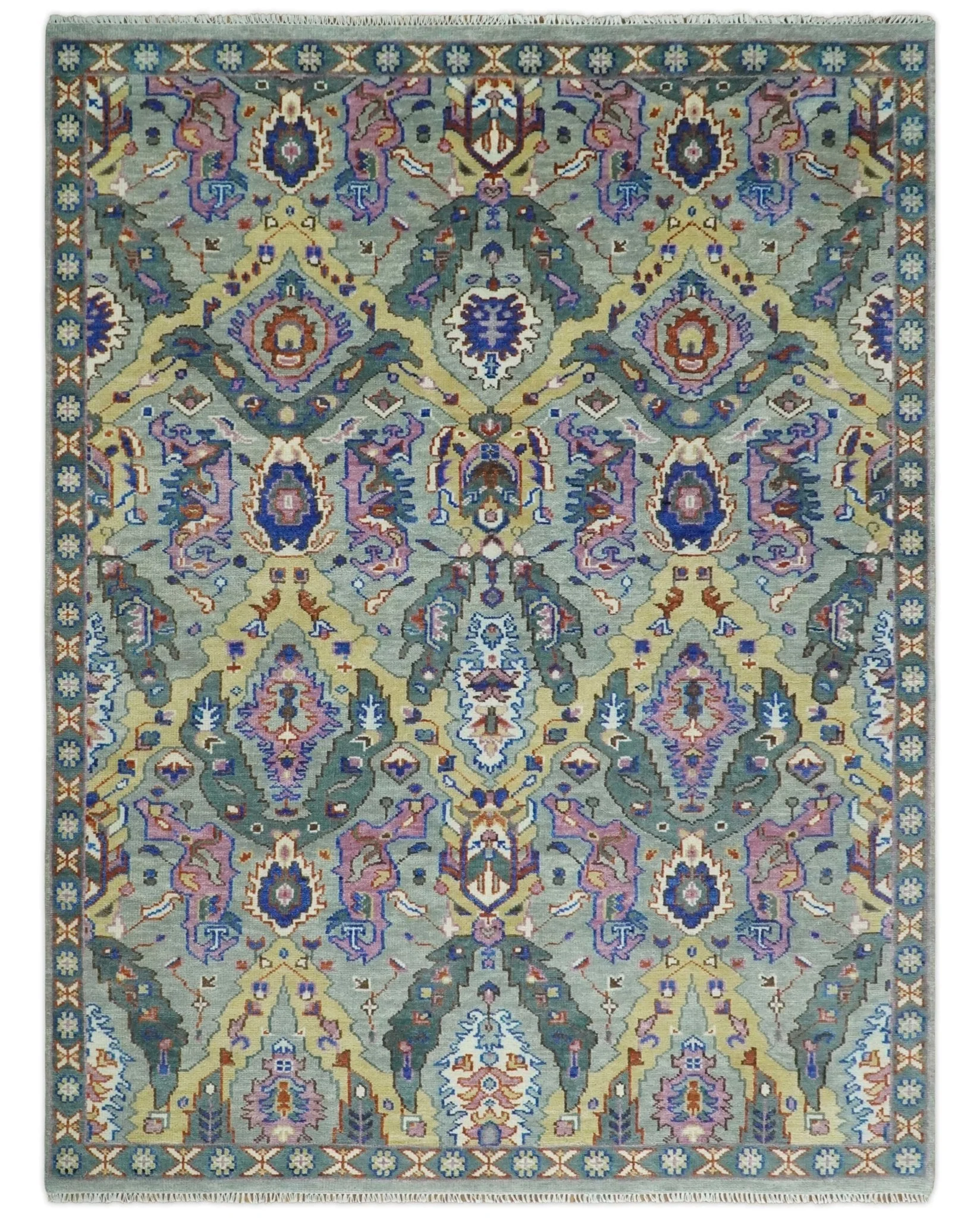 Hand knotted Green, Pink and Gold Traditional large design Antique Oushak Custom Made wool Area Rug - Image 12