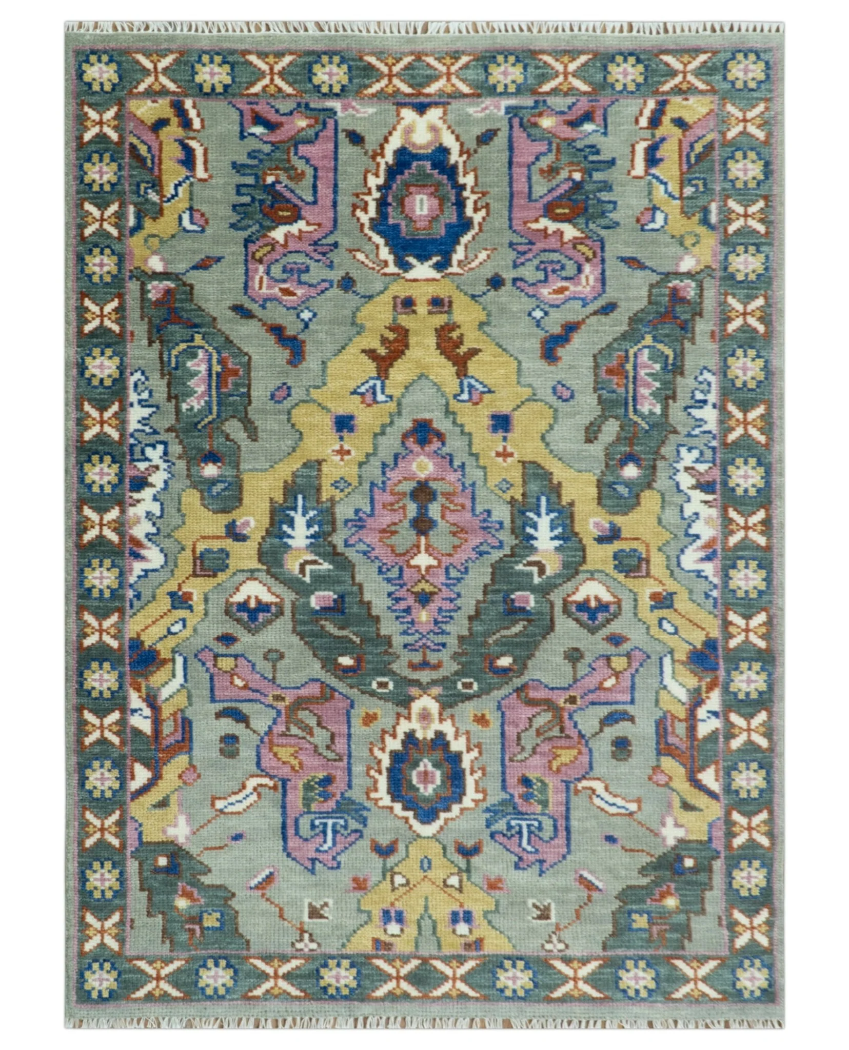 Hand knotted Green, Pink and Gold Traditional large design Antique Oushak Custom Made wool Area Rug - Image 13