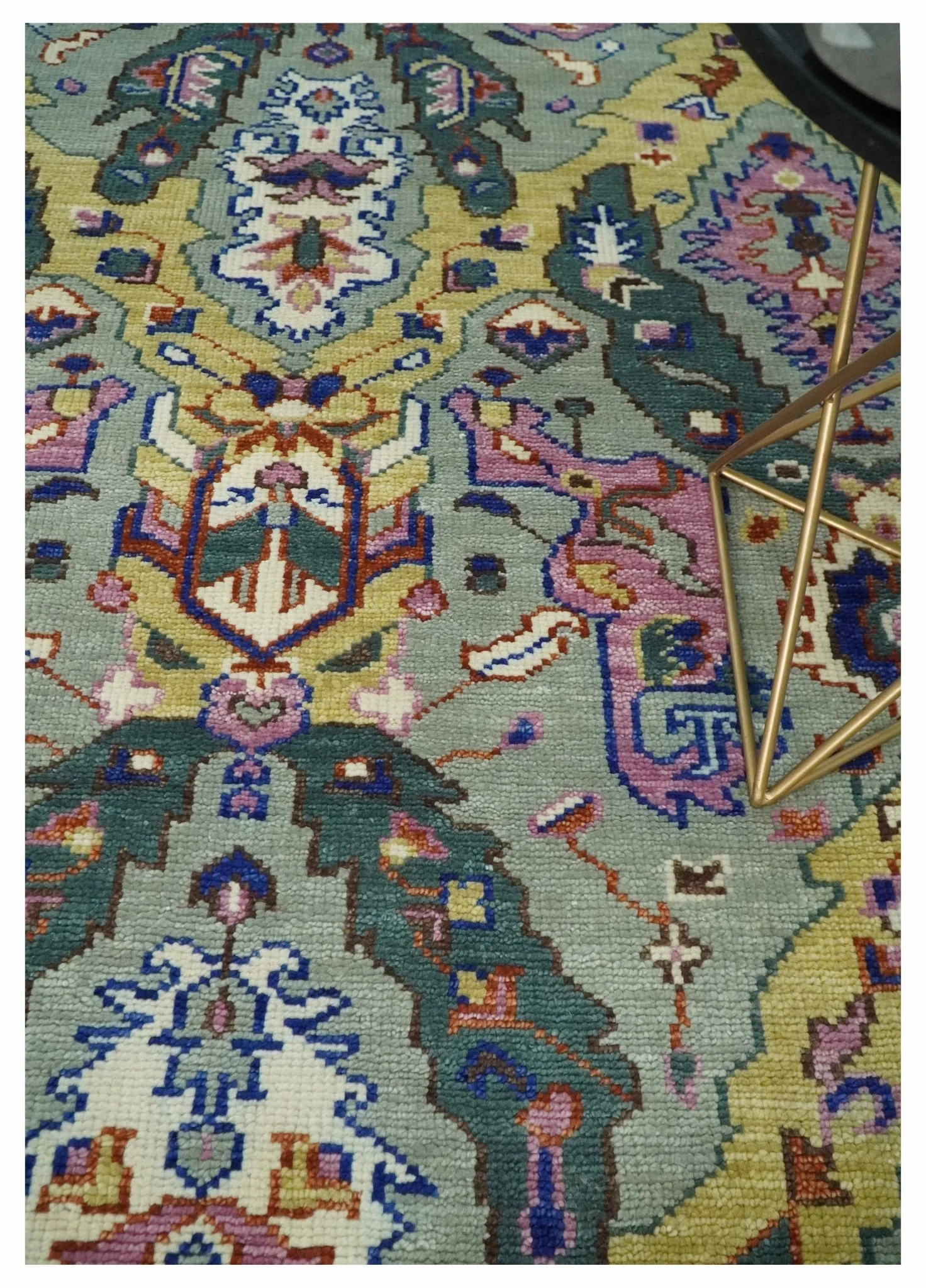 Hand knotted Green, Pink and Gold Traditional large design Antique Oushak Custom Made wool Area Rug - Image 2