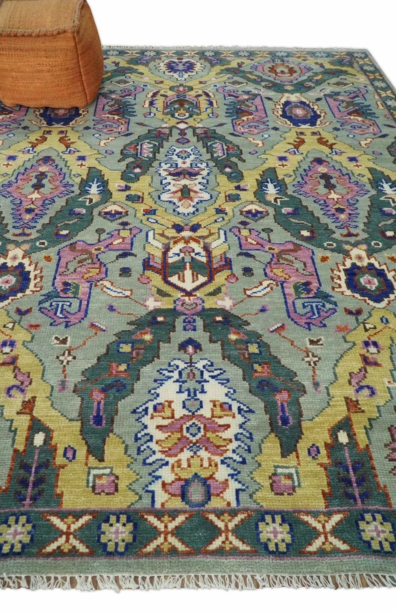 Hand knotted Green, Pink and Gold Traditional large design Antique Oushak Custom Made wool Area Rug - Image 3