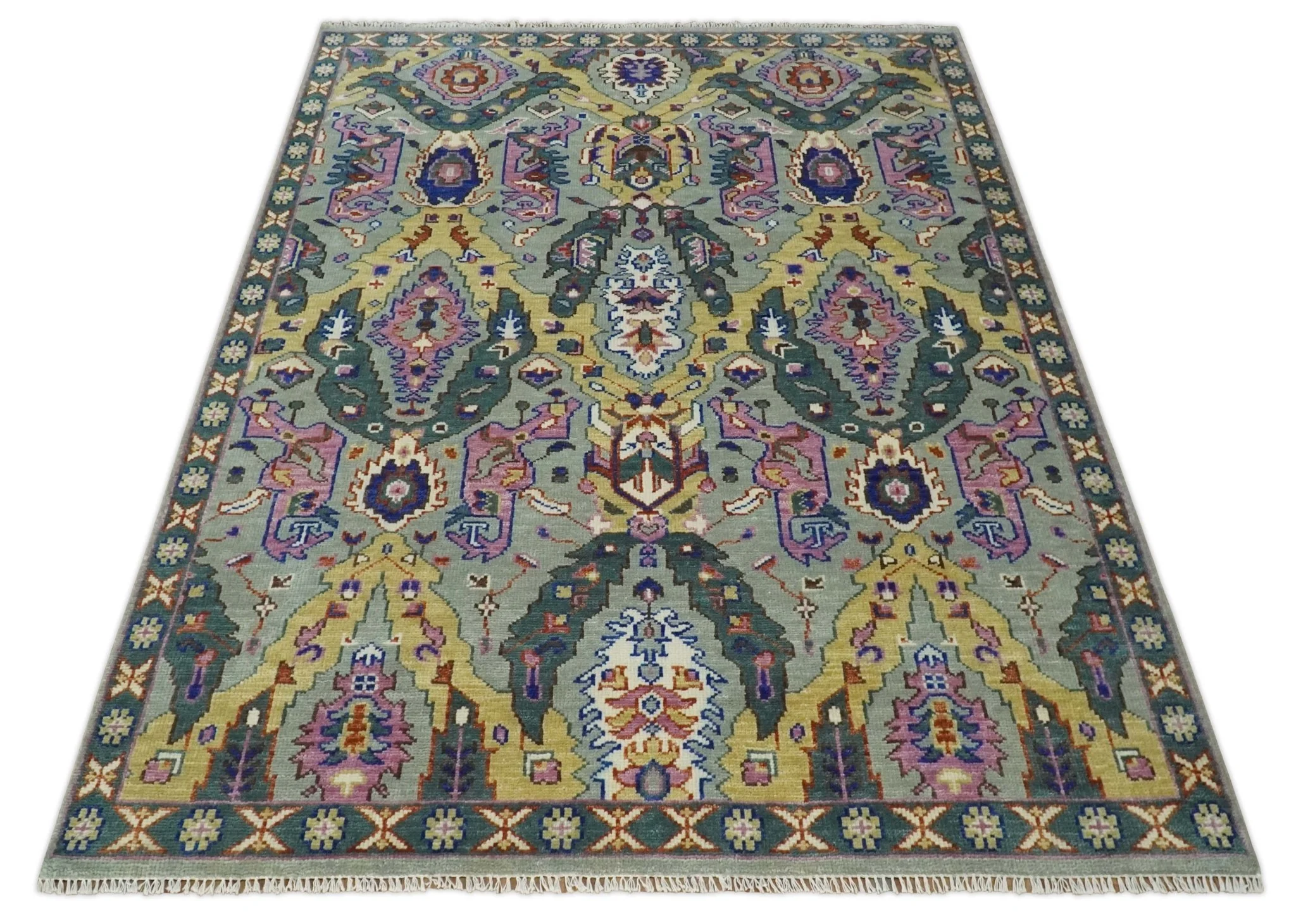 Hand knotted Green, Pink and Gold Traditional large design Antique Oushak Custom Made wool Area Rug - Image 4