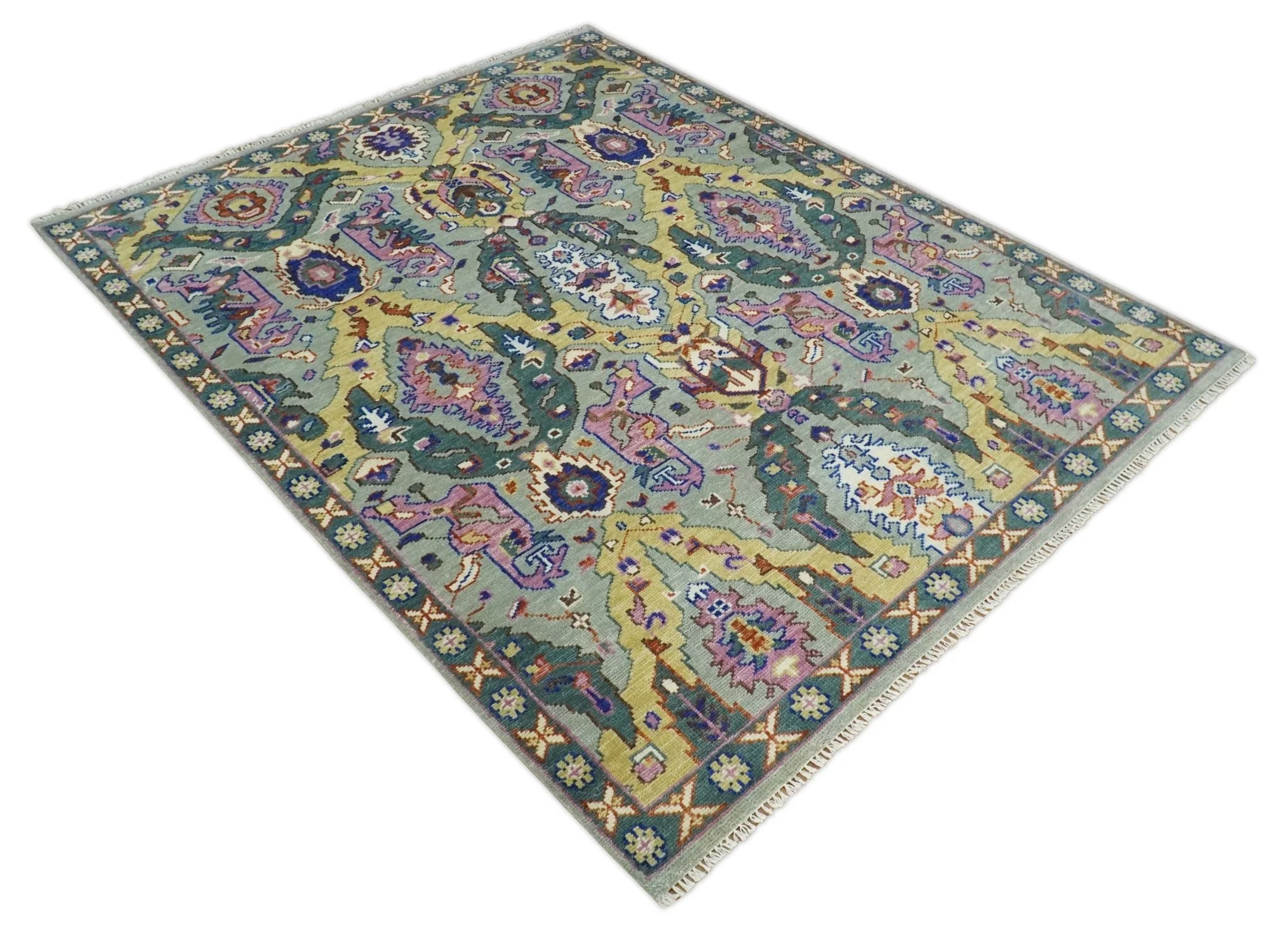 Hand knotted Green, Pink and Gold Traditional large design Antique Oushak Custom Made wool Area Rug - Image 5