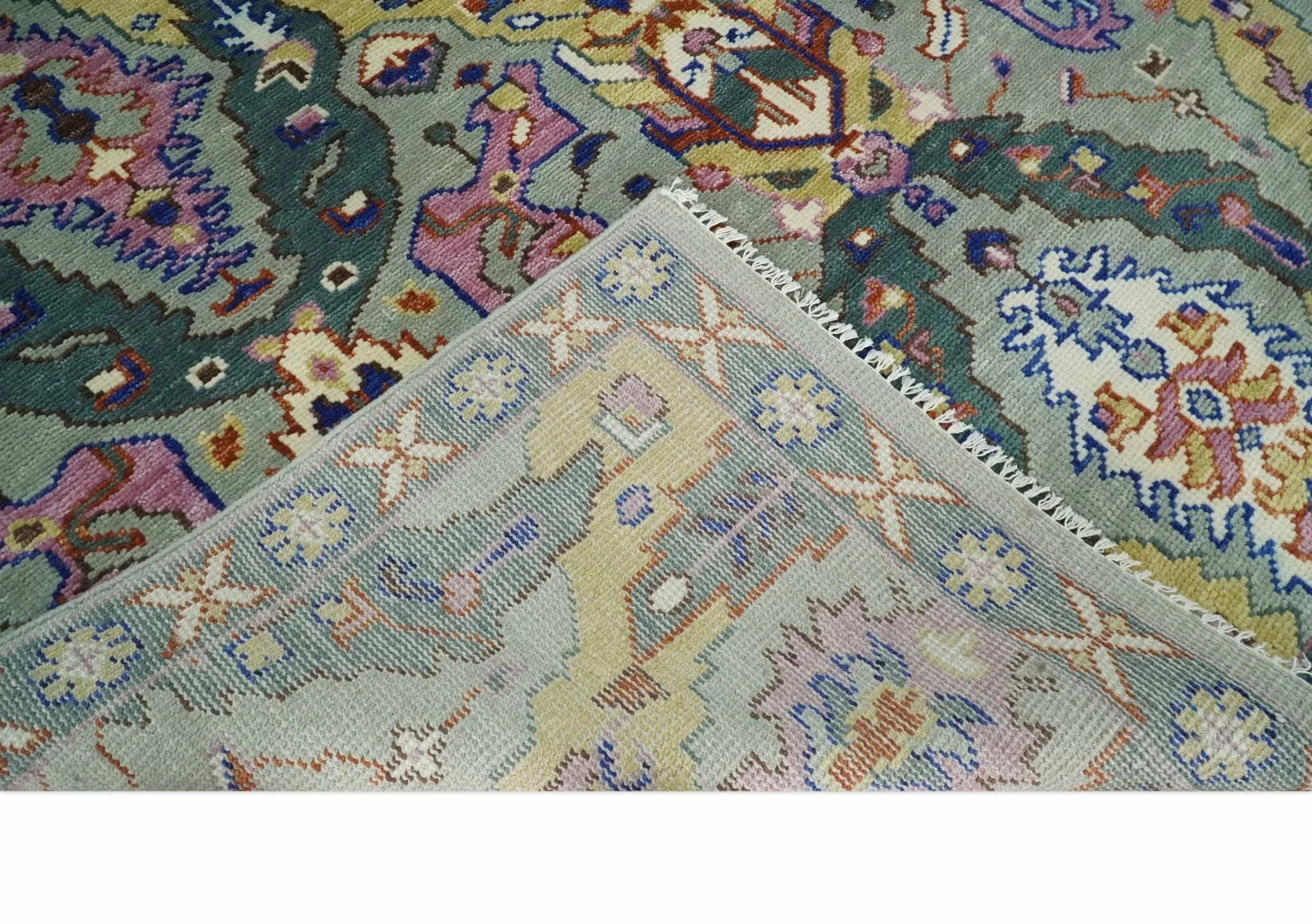 Hand knotted Green, Pink and Gold Traditional large design Antique Oushak Custom Made wool Area Rug - Image 6