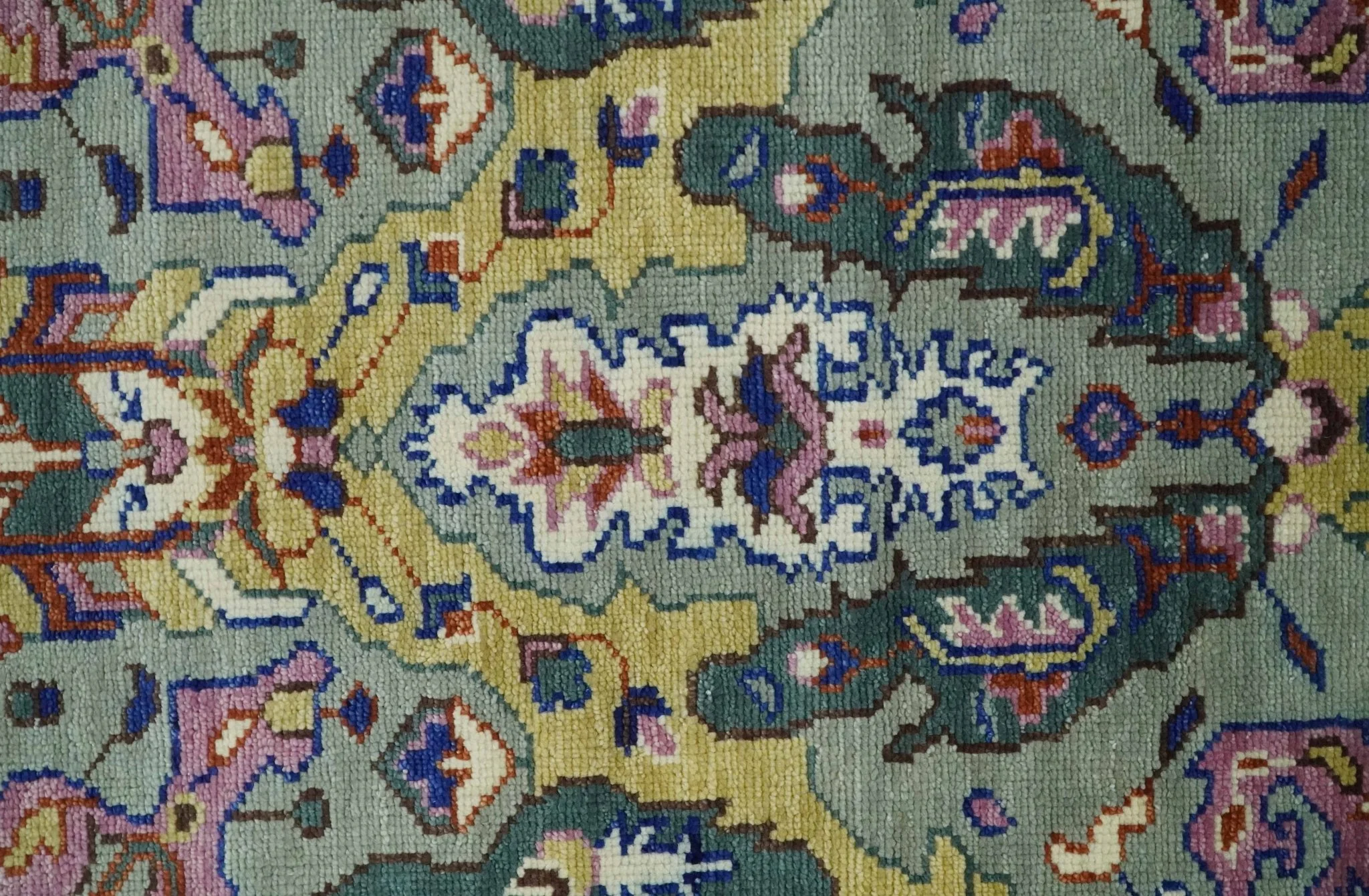 Hand knotted Green, Pink and Gold Traditional large design Antique Oushak Custom Made wool Area Rug - Image 9