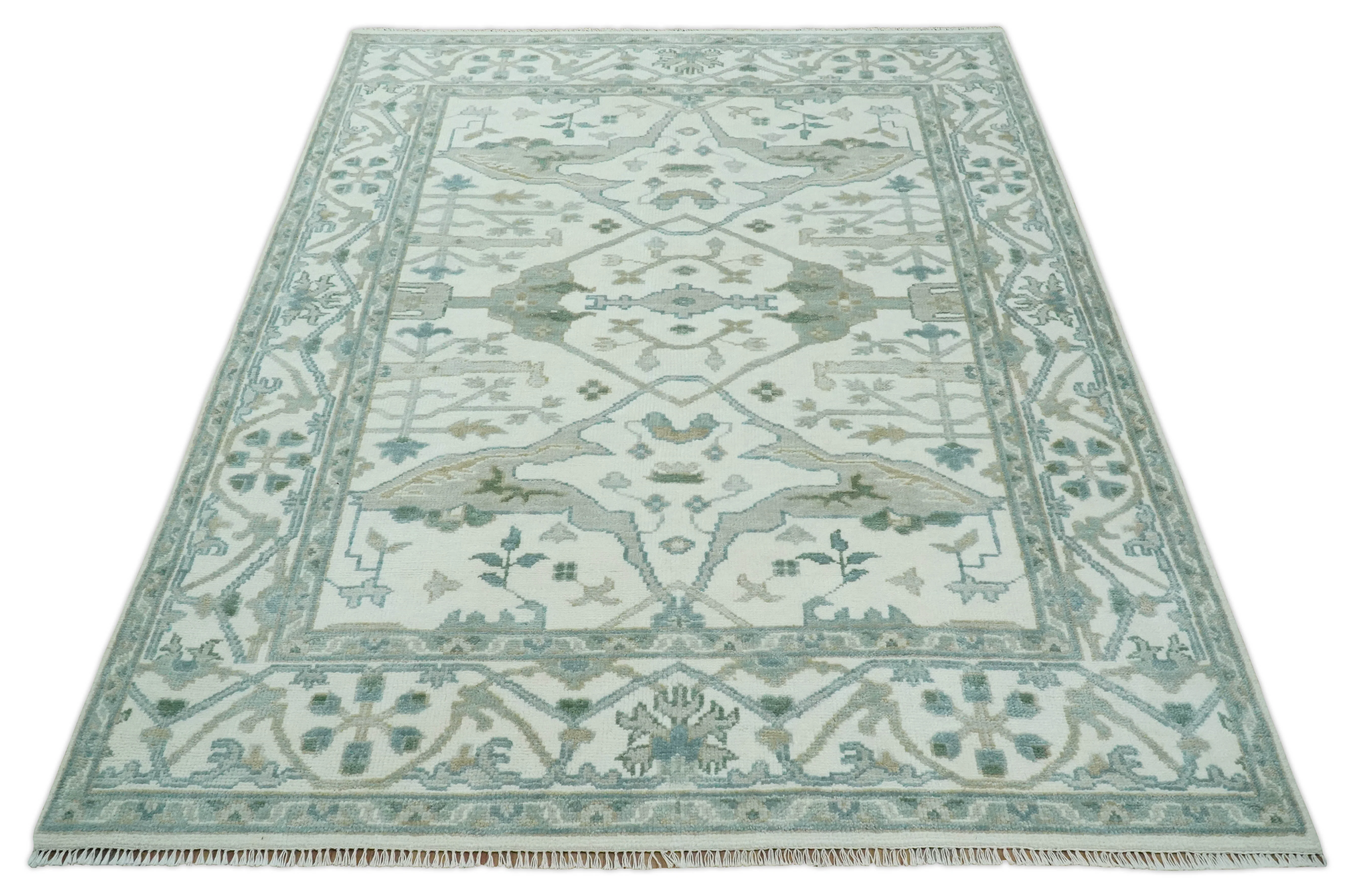 Custom Made Hand Knotted Oriental Oushak Ivory and Teal Wool Area Rug - Image 10
