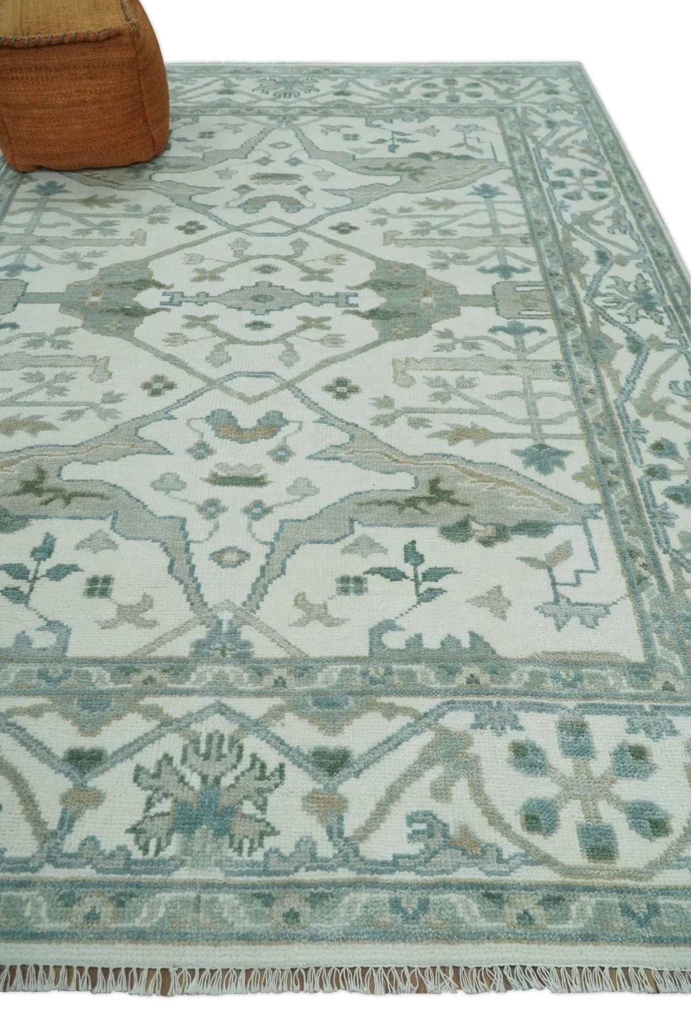 Custom Made Hand Knotted Oriental Oushak Ivory and Teal Wool Area Rug - Image 3