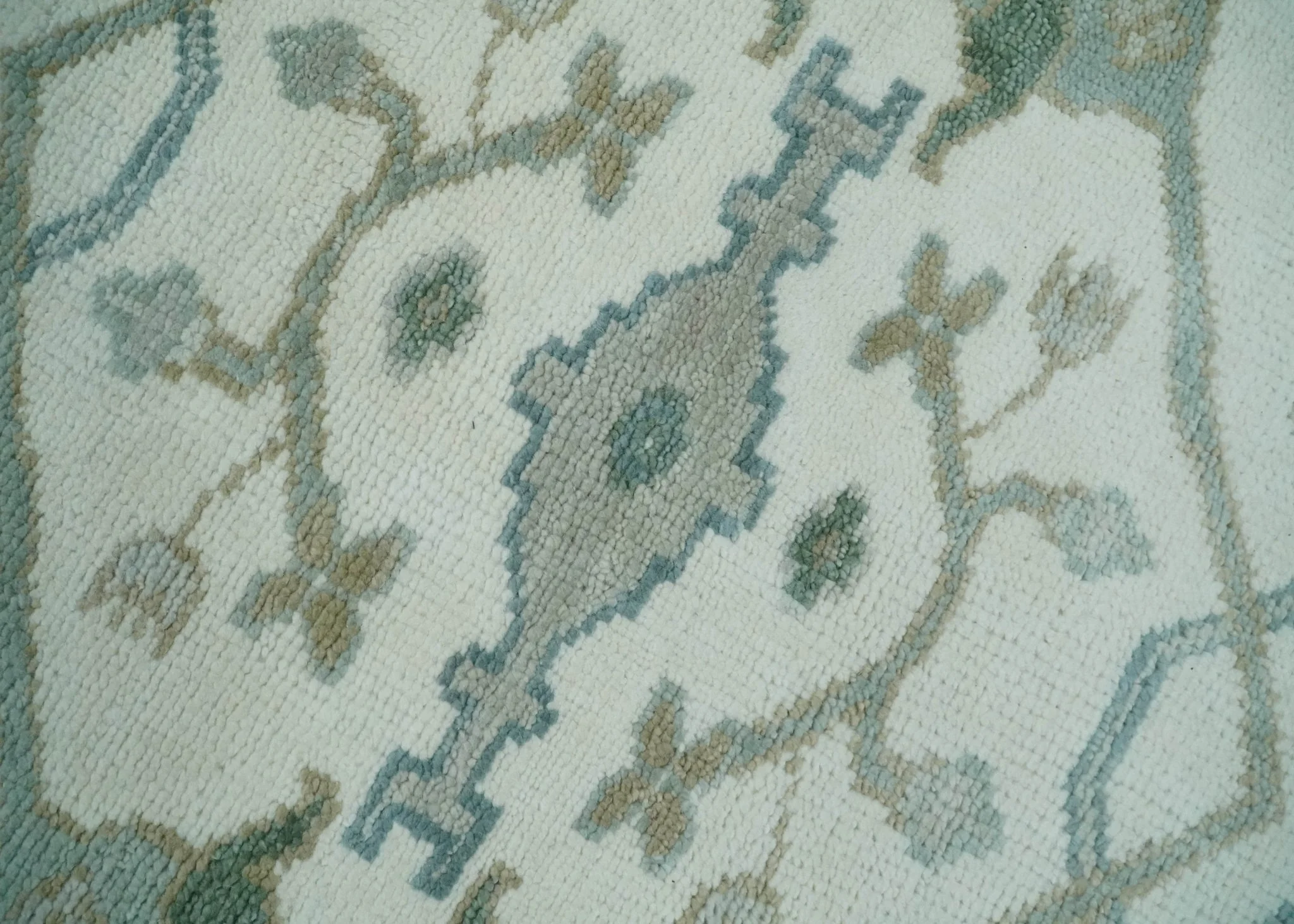 Custom Made Hand Knotted Oriental Oushak Ivory and Teal Wool Area Rug - Image 4