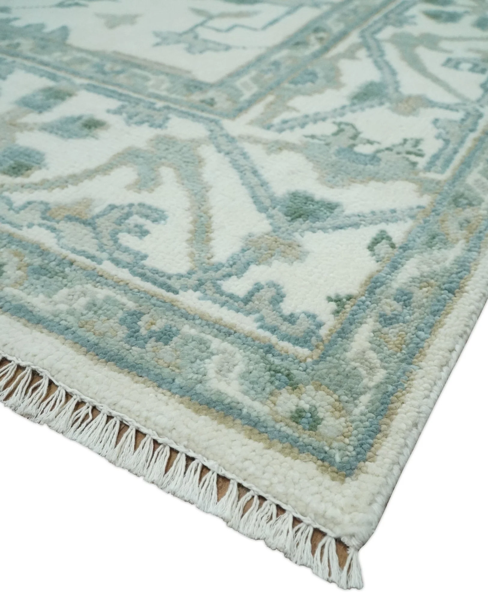 Custom Made Hand Knotted Oriental Oushak Ivory and Teal Wool Area Rug - Image 5