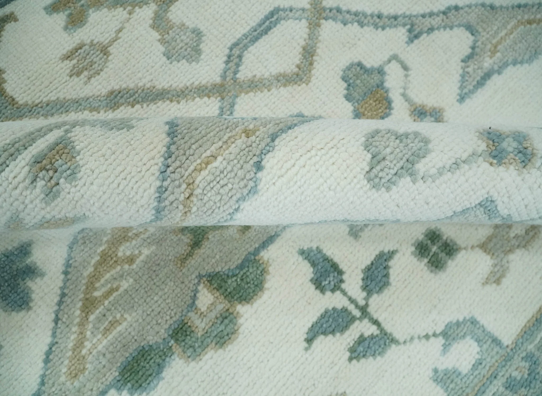 Custom Made Hand Knotted Oriental Oushak Ivory and Teal Wool Area Rug - Image 6