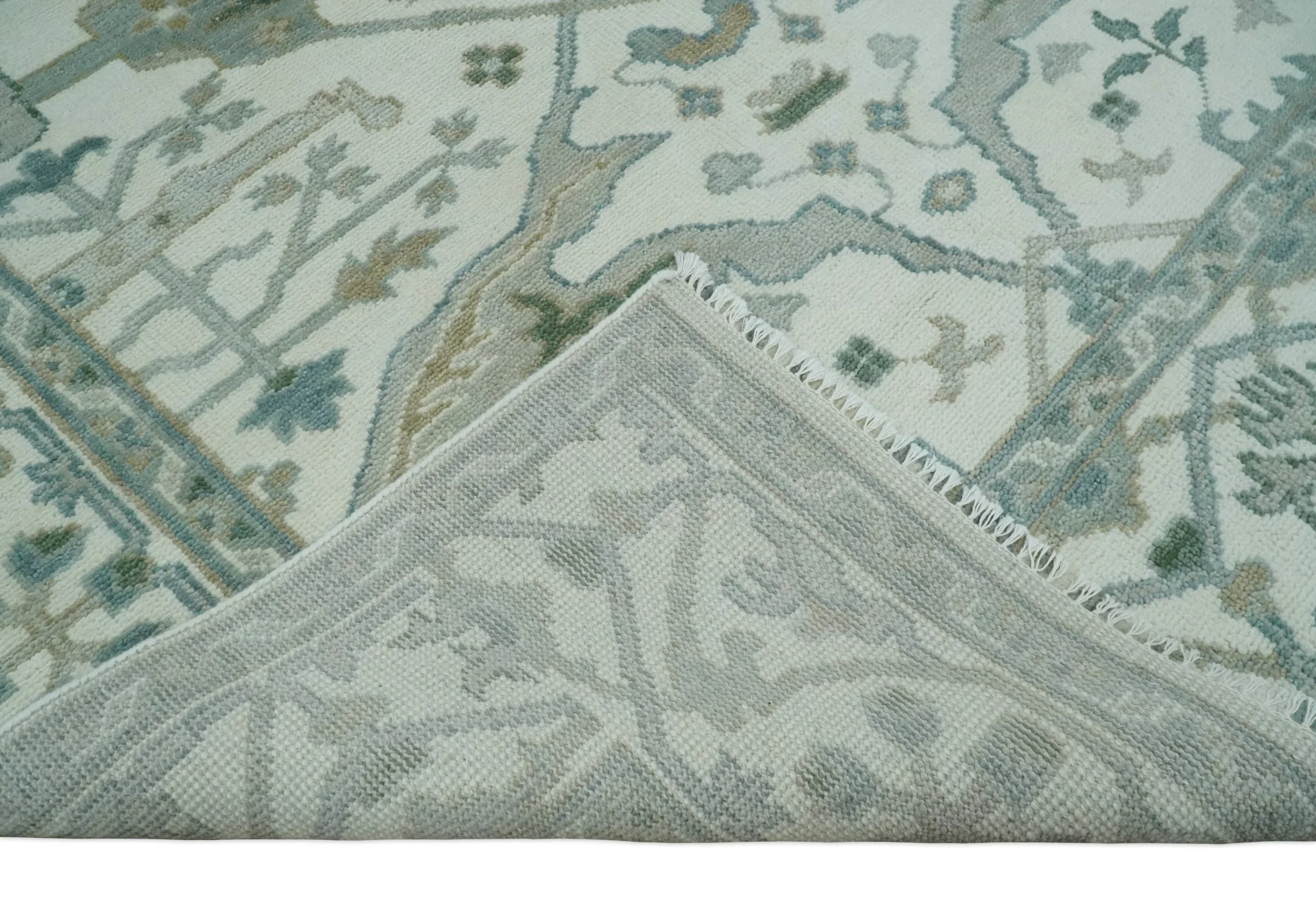 Custom Made Hand Knotted Oriental Oushak Ivory and Teal Wool Area Rug - Image 7