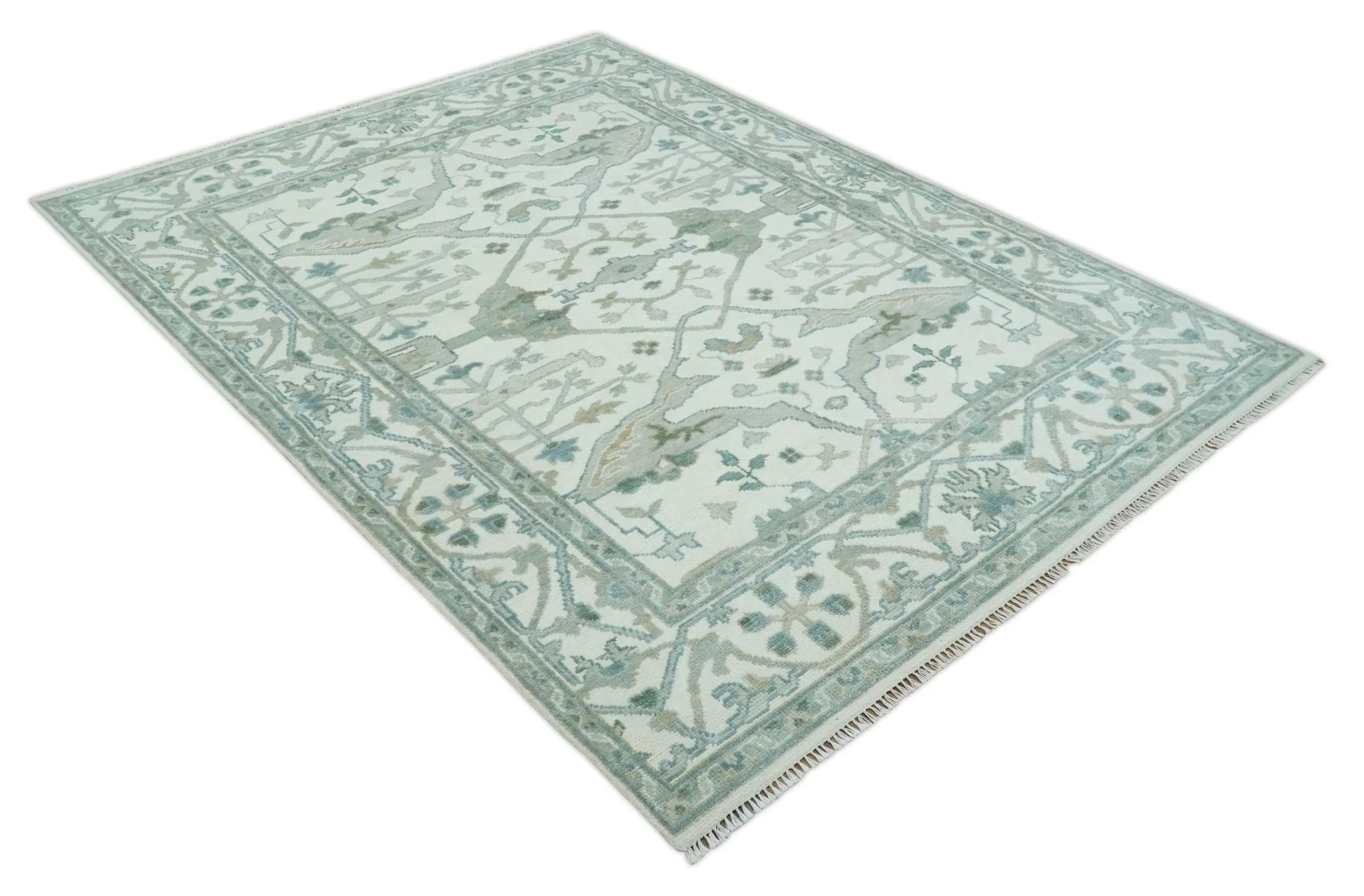 Custom Made Hand Knotted Oriental Oushak Ivory and Teal Wool Area Rug - Image 8