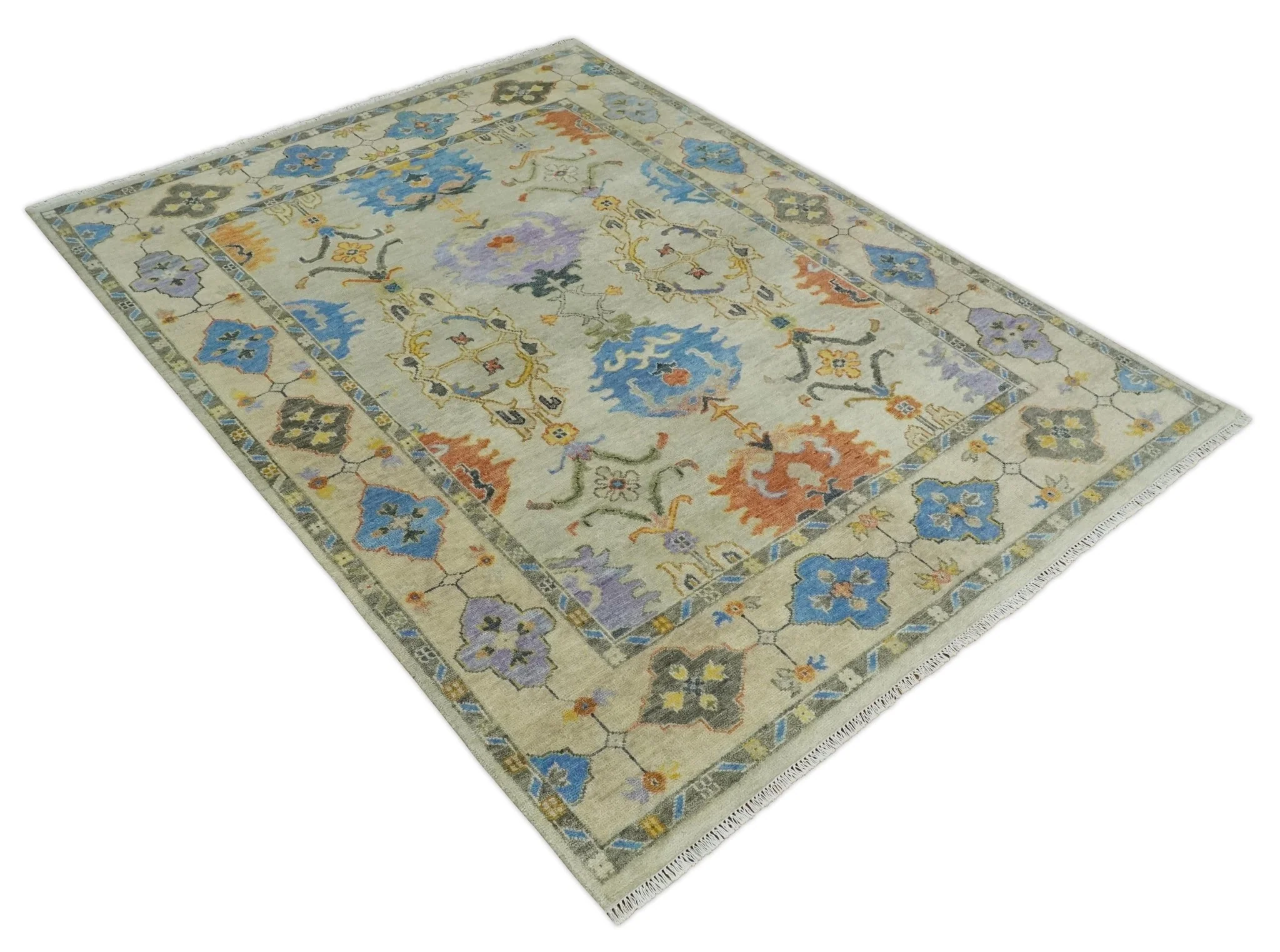 Hand knotted 8x10 All Wool Beige and Gray Traditional Antique Persian Oushak Area Rug | TRDCP837810 - Image 10
