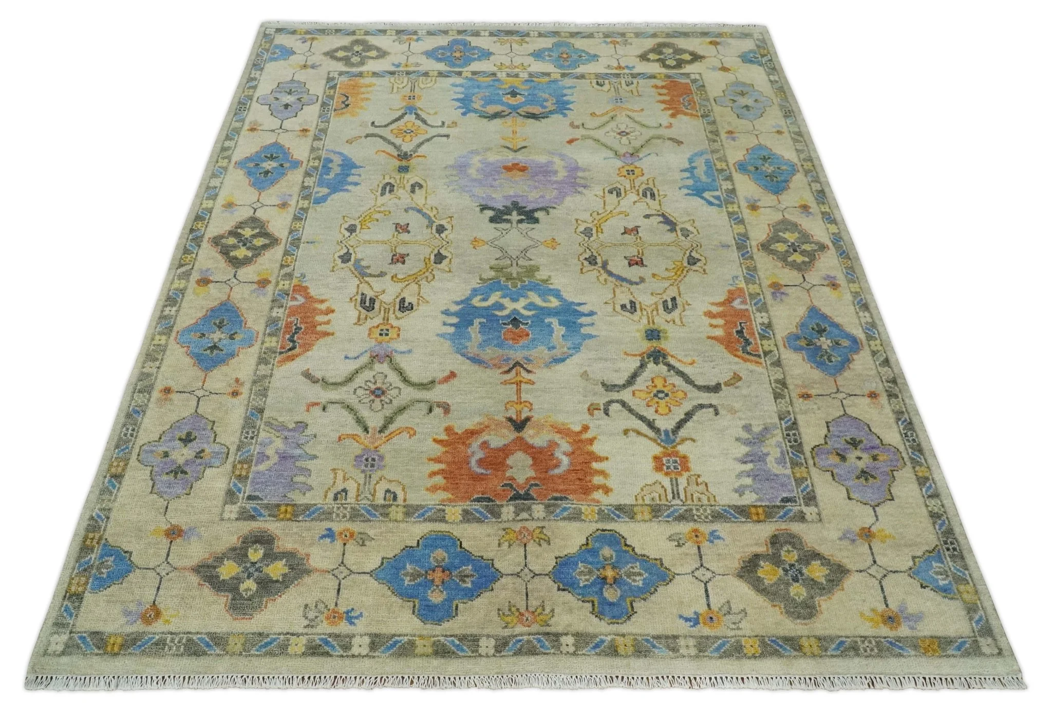 Hand knotted 8x10 All Wool Beige and Gray Traditional Antique Persian Oushak Area Rug | TRDCP837810 - Image 11