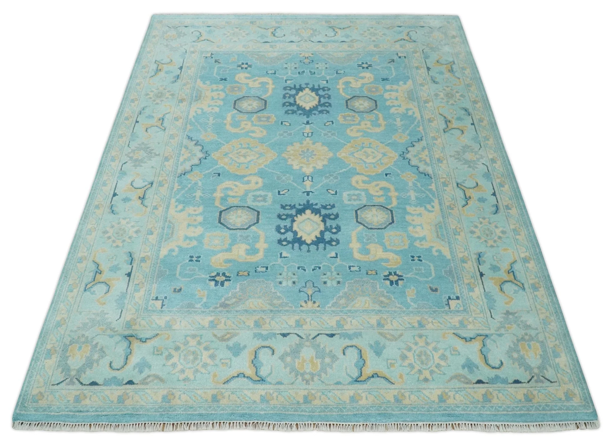 Hand Knotted 8x10 Aqua and Beige Antique Look Oushak Turkish Style Wool Area Rug | TRDCP1109810 - Image 10