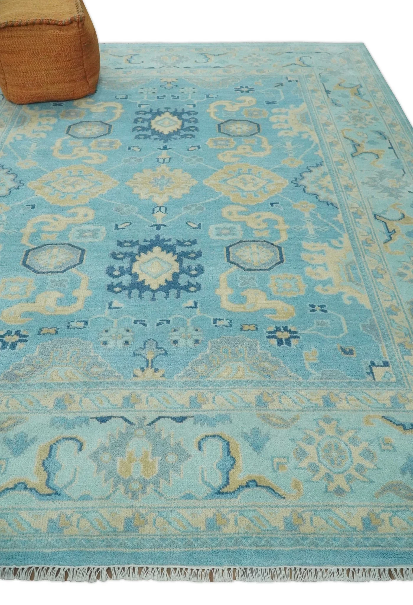 Hand Knotted 8x10 Aqua and Beige Antique Look Oushak Turkish Style Wool Area Rug | TRDCP1109810 - Image 3