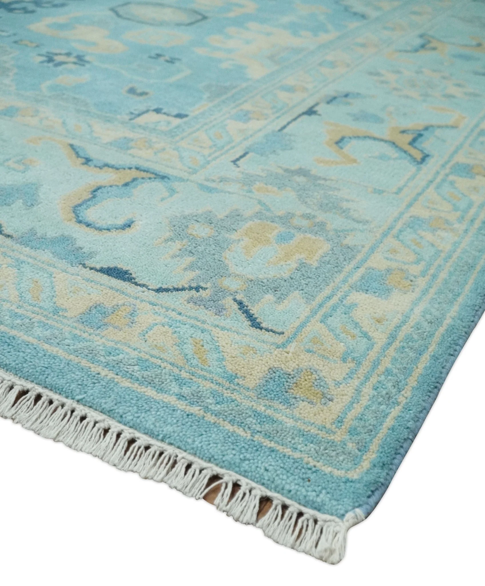 Hand Knotted 8x10 Aqua and Beige Antique Look Oushak Turkish Style Wool Area Rug | TRDCP1109810 - Image 5