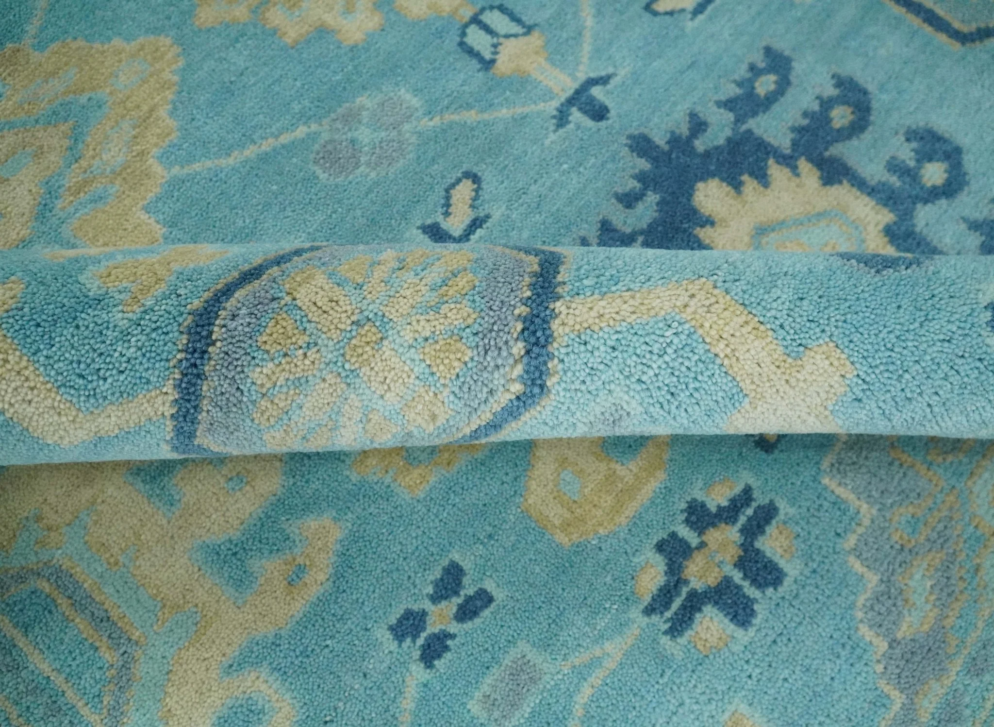 Hand Knotted 8x10 Aqua and Beige Antique Look Oushak Turkish Style Wool Area Rug | TRDCP1109810 - Image 6