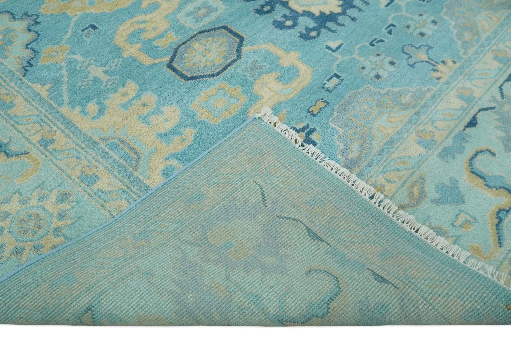 Hand Knotted 8x10 Aqua and Beige Antique Look Oushak Turkish Style Wool Area Rug | TRDCP1109810 - Image 7