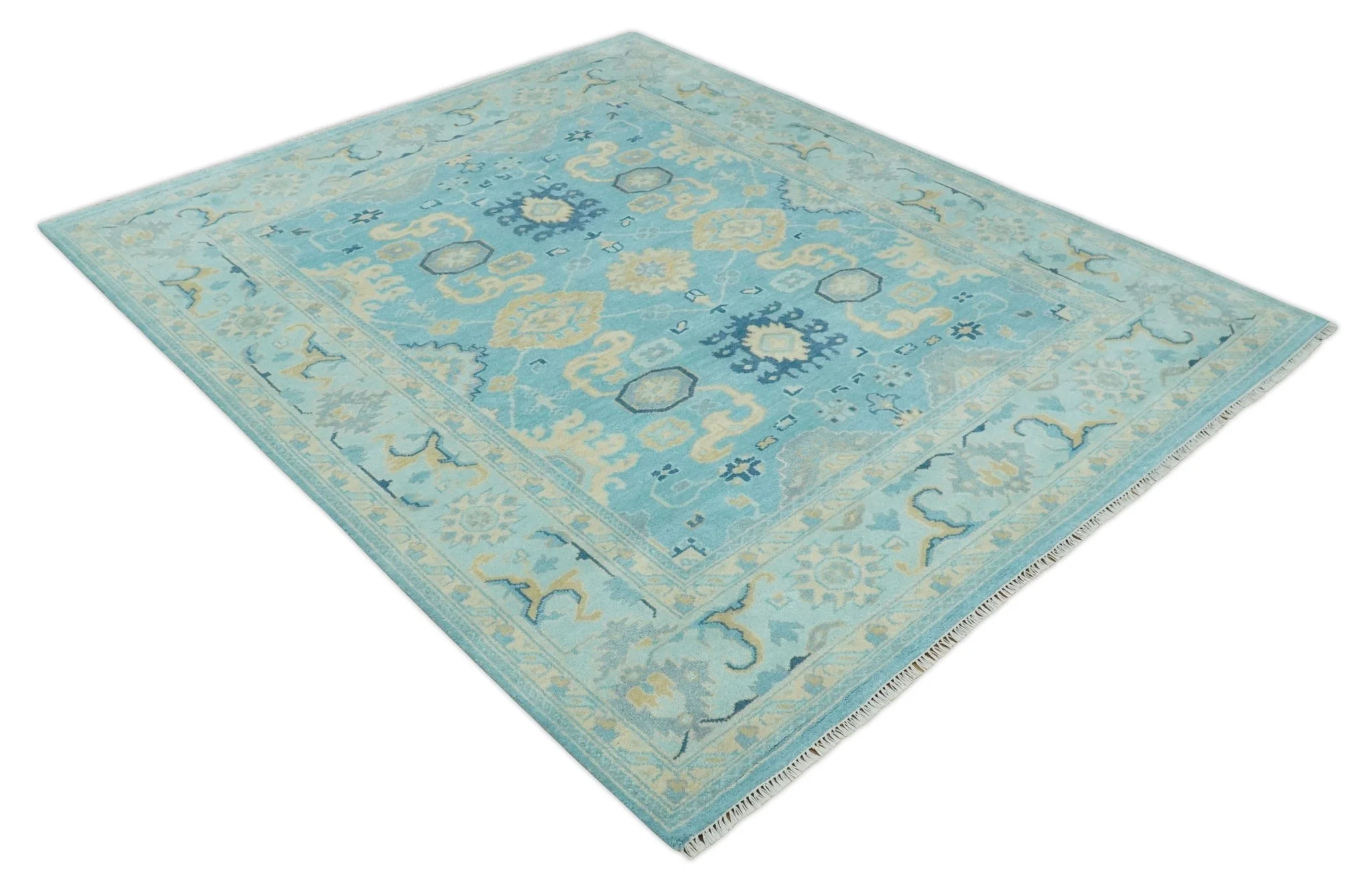 Hand Knotted 8x10 Aqua and Beige Antique Look Oushak Turkish Style Wool Area Rug | TRDCP1109810 - Image 9