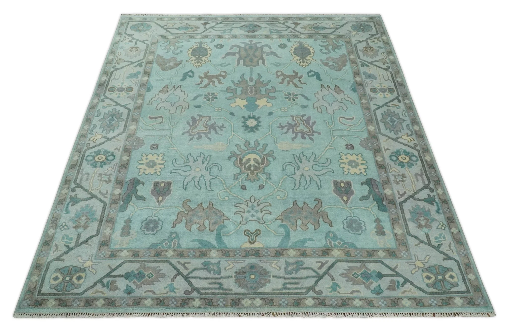 Hand Knotted 8x10 Aqua and Silver Antique Oushak Wool Area Rug - Image 10