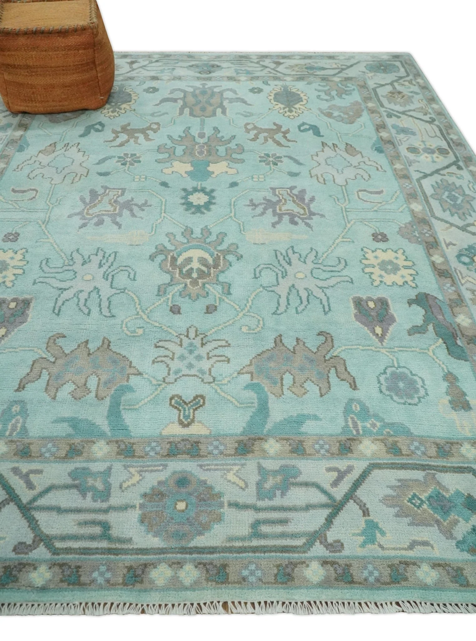 Hand Knotted 8x10 Aqua and Silver Antique Oushak Wool Area Rug - Image 3