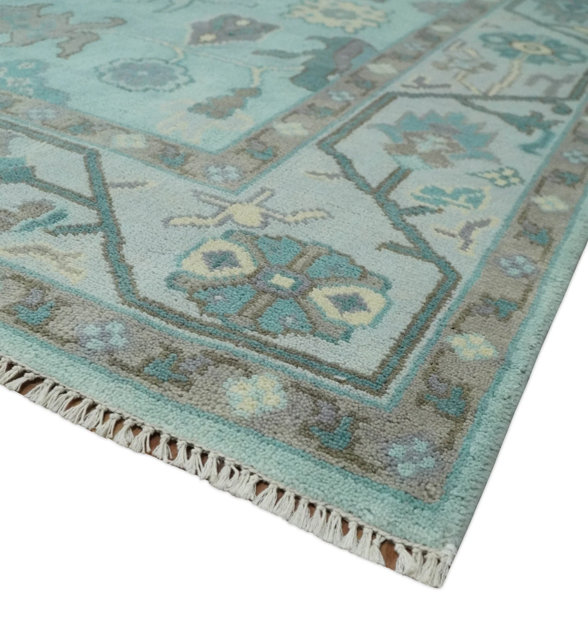 Hand Knotted 8x10 Aqua and Silver Antique Oushak Wool Area Rug - Image 5