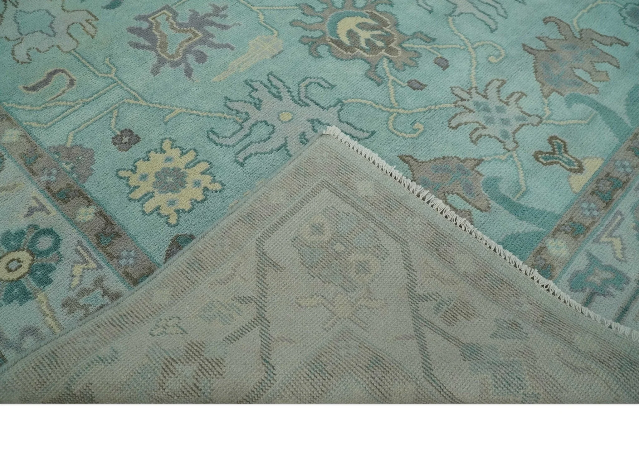 Hand Knotted 8x10 Aqua and Silver Antique Oushak Wool Area Rug - Image 6