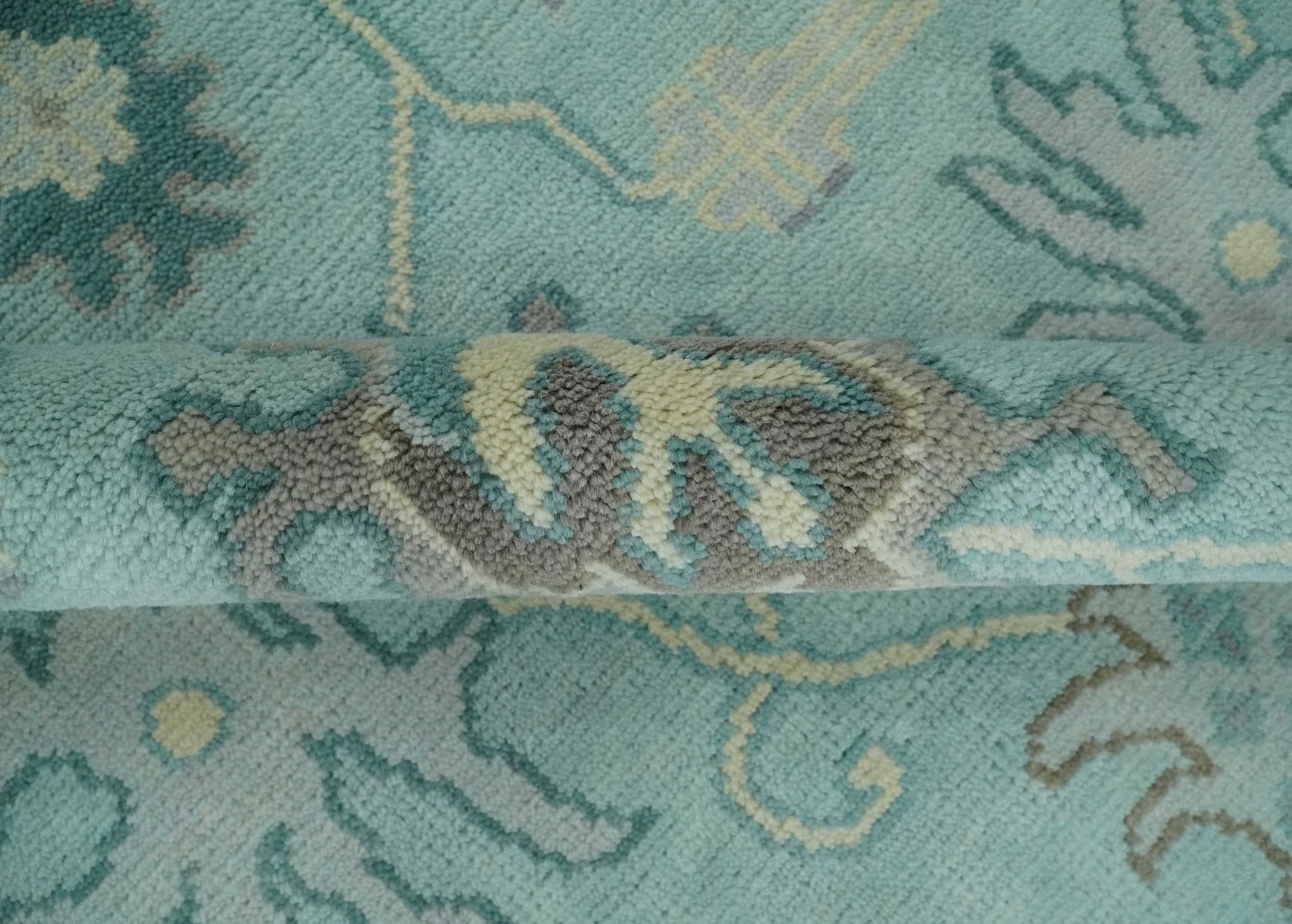 Hand Knotted 8x10 Aqua and Silver Antique Oushak Wool Area Rug - Image 8