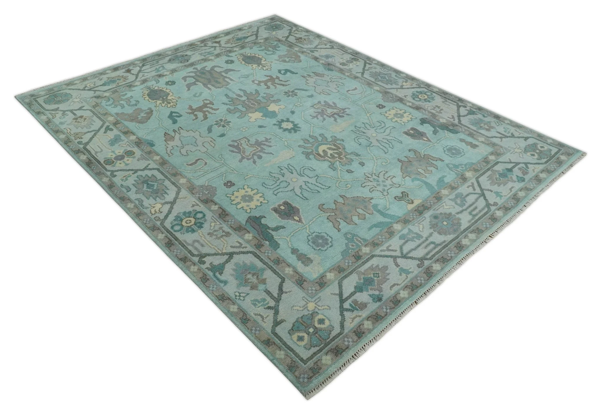 Hand Knotted 8x10 Aqua and Silver Antique Oushak Wool Area Rug - Image 9