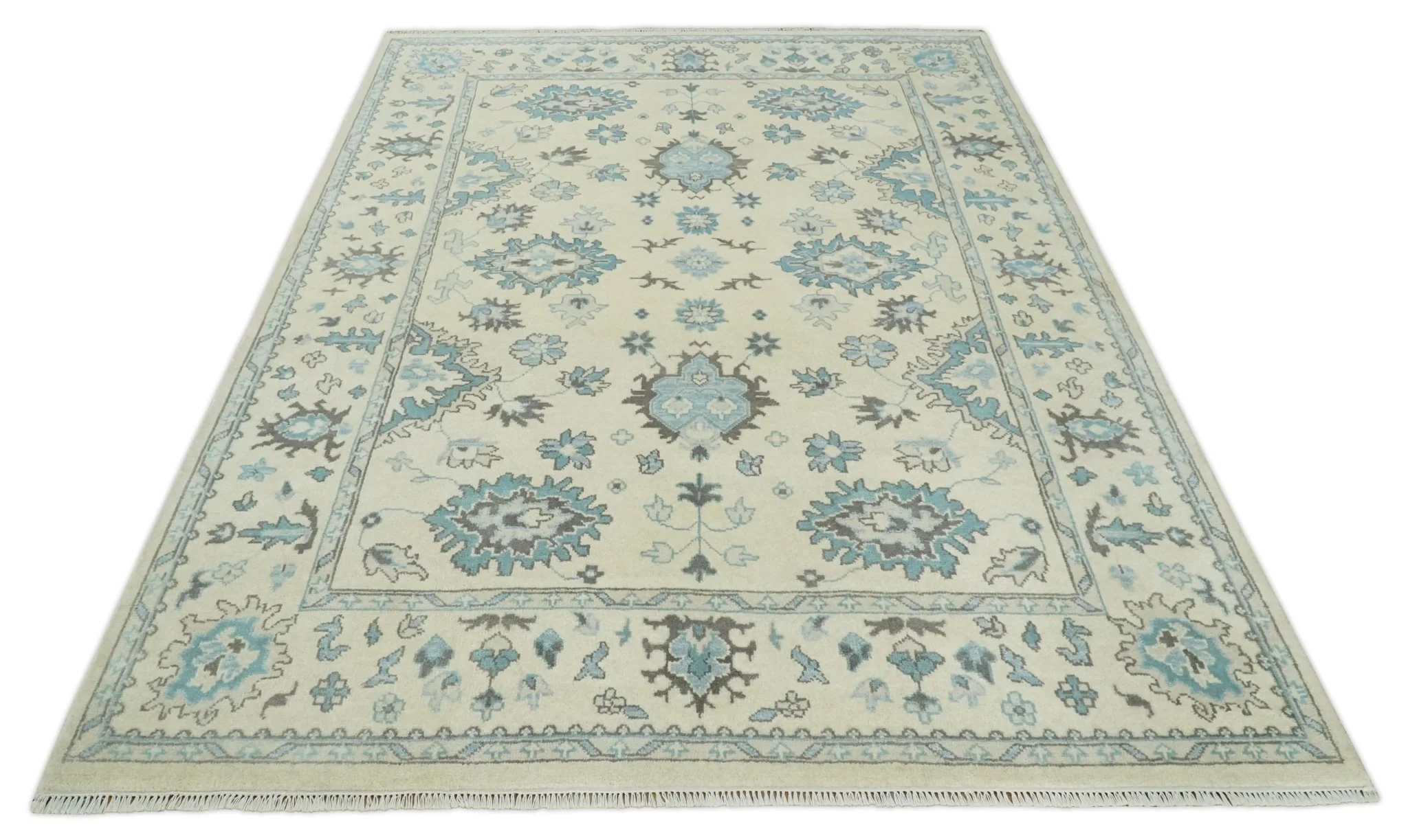 Hand Knotted 8x10 Beige and Blue Antique Oushak Persian Wool Area Rug | TRDCP1147810 - Image 10