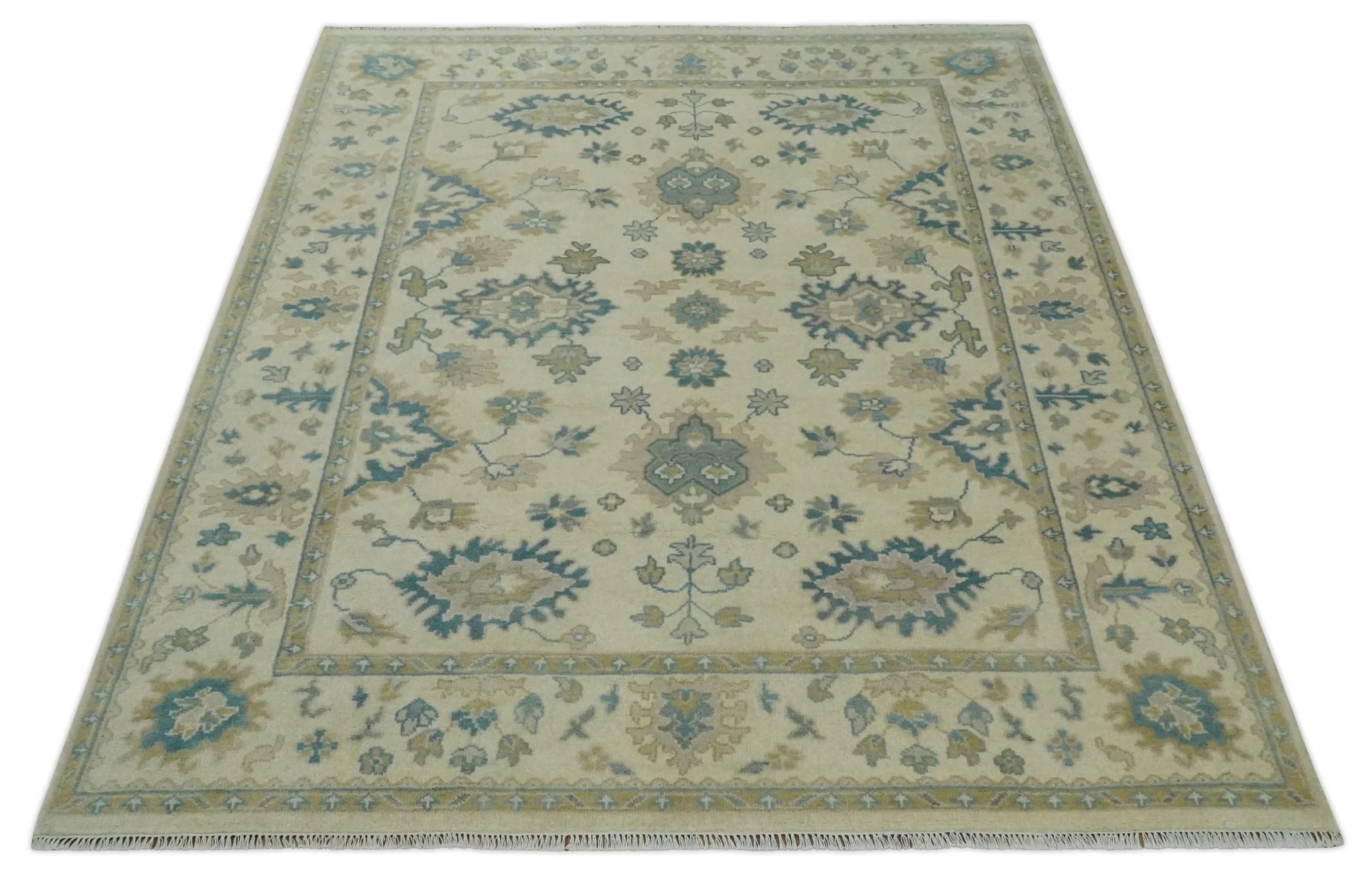 Hand Knotted 8x10 Beige and Gray Antique Oushak Wool Area Rug - Image 10