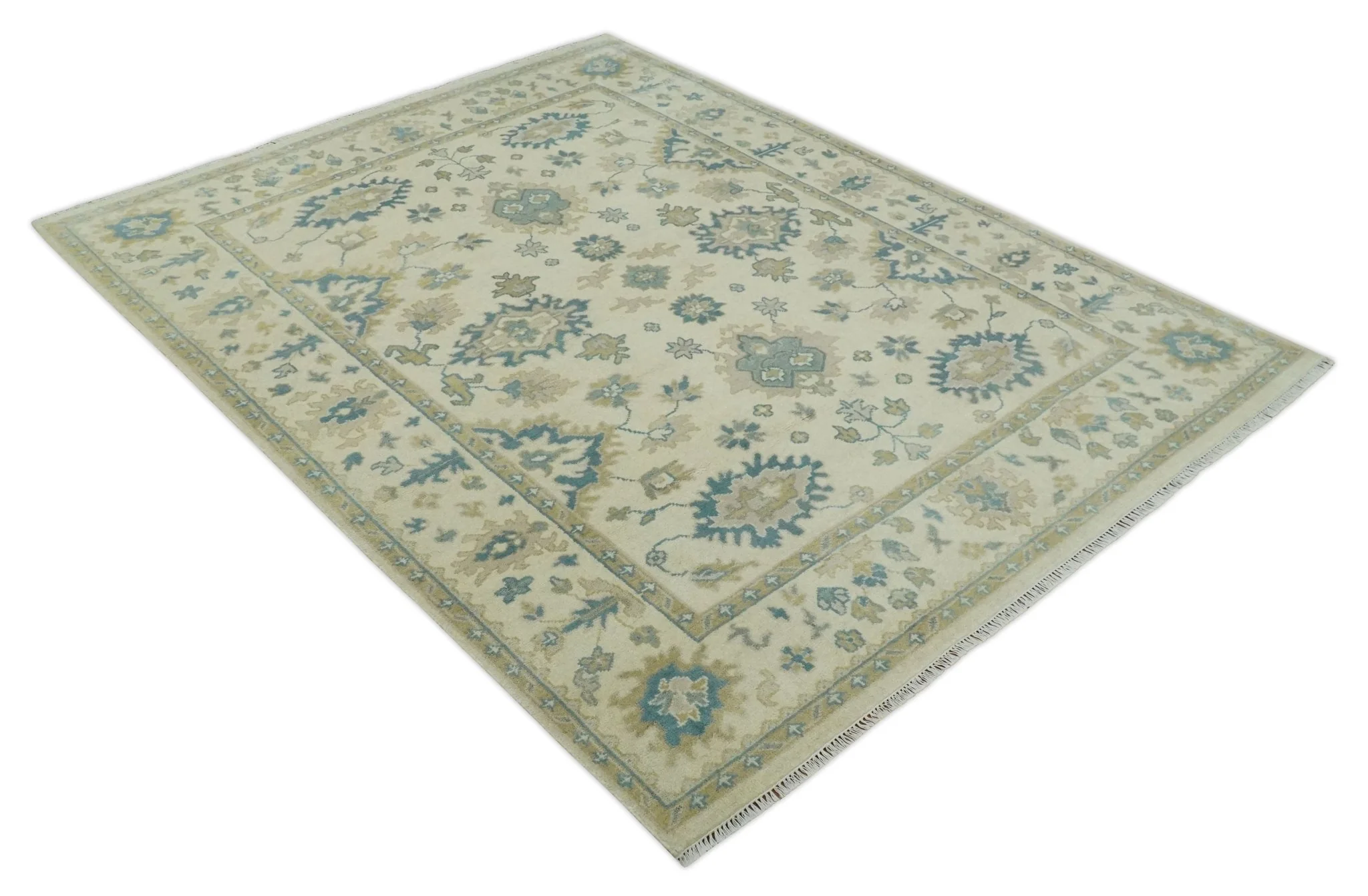 Hand Knotted 8x10 Beige and Gray Antique Oushak Wool Area Rug - Image 9