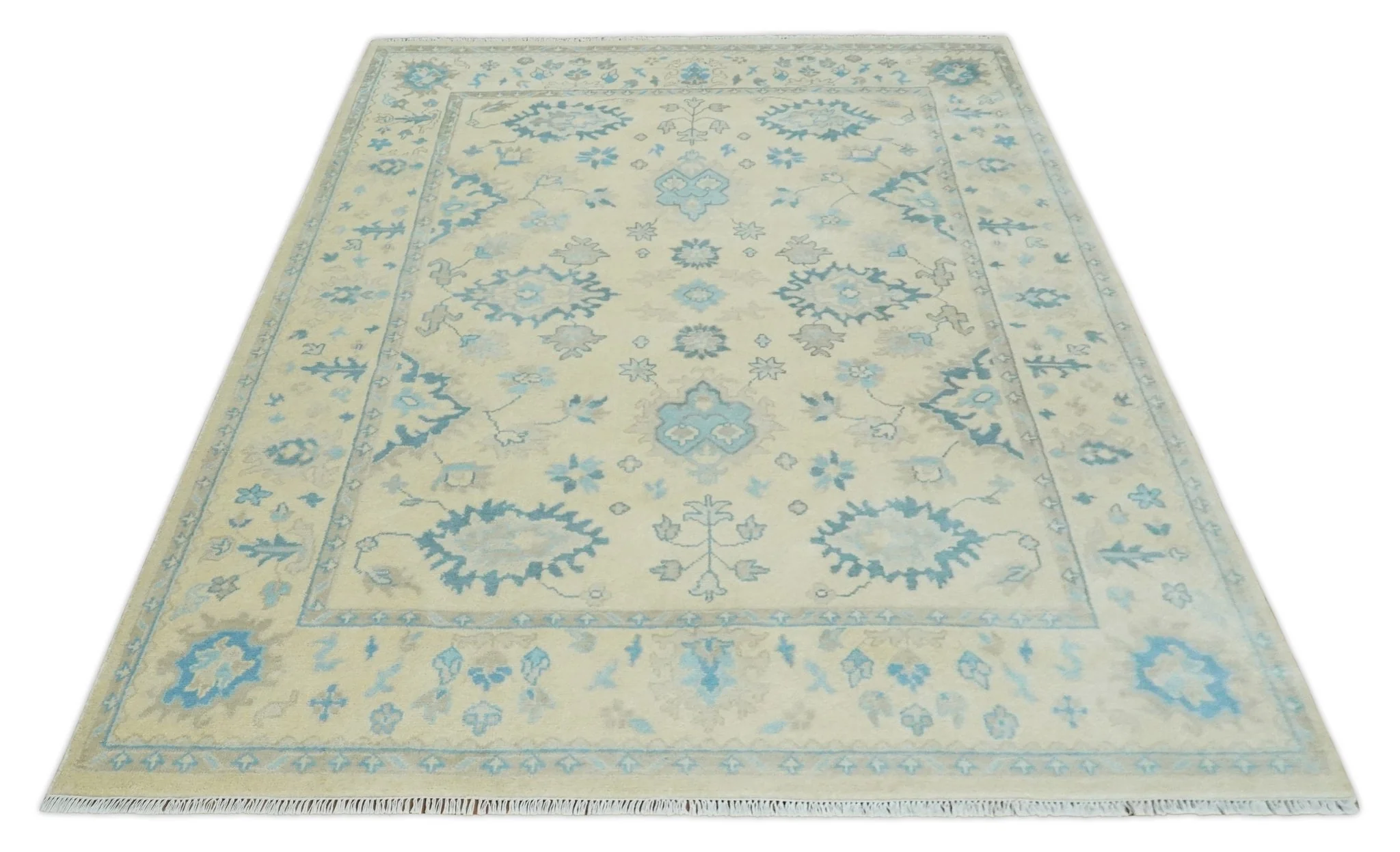 Hand Knotted 8x10 Beige and Teal Antique Oushak Persian Wool Area Rug | TRDCP1183810 - Image 10