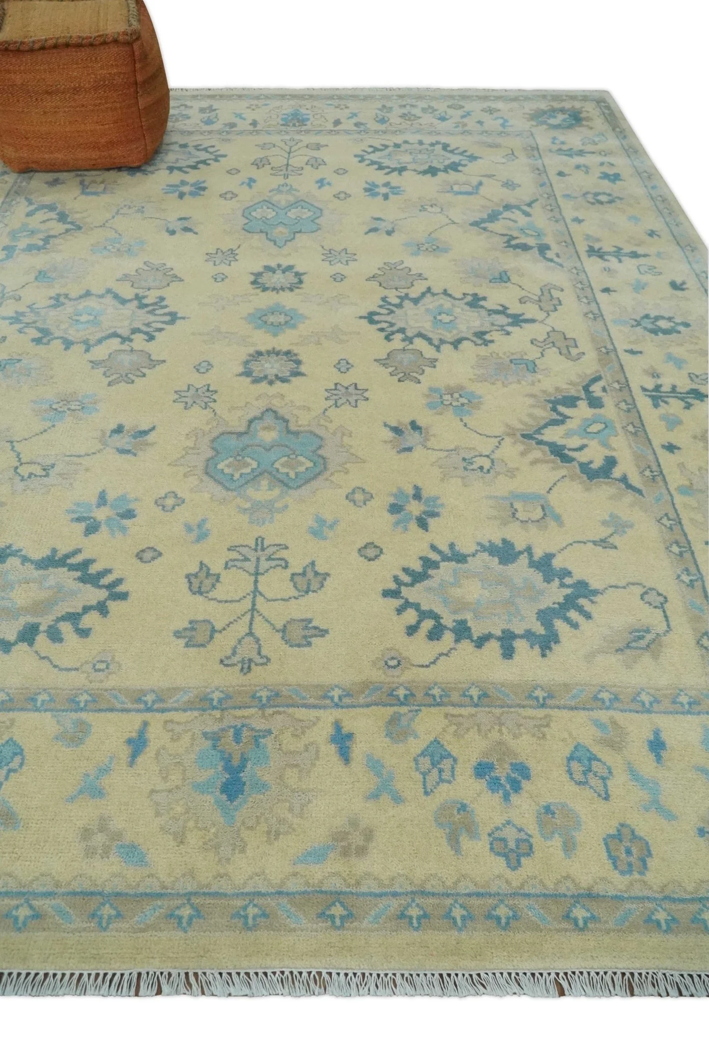 Hand Knotted 8x10 Beige and Teal Antique Oushak Persian Wool Area Rug | TRDCP1183810 - Image 2