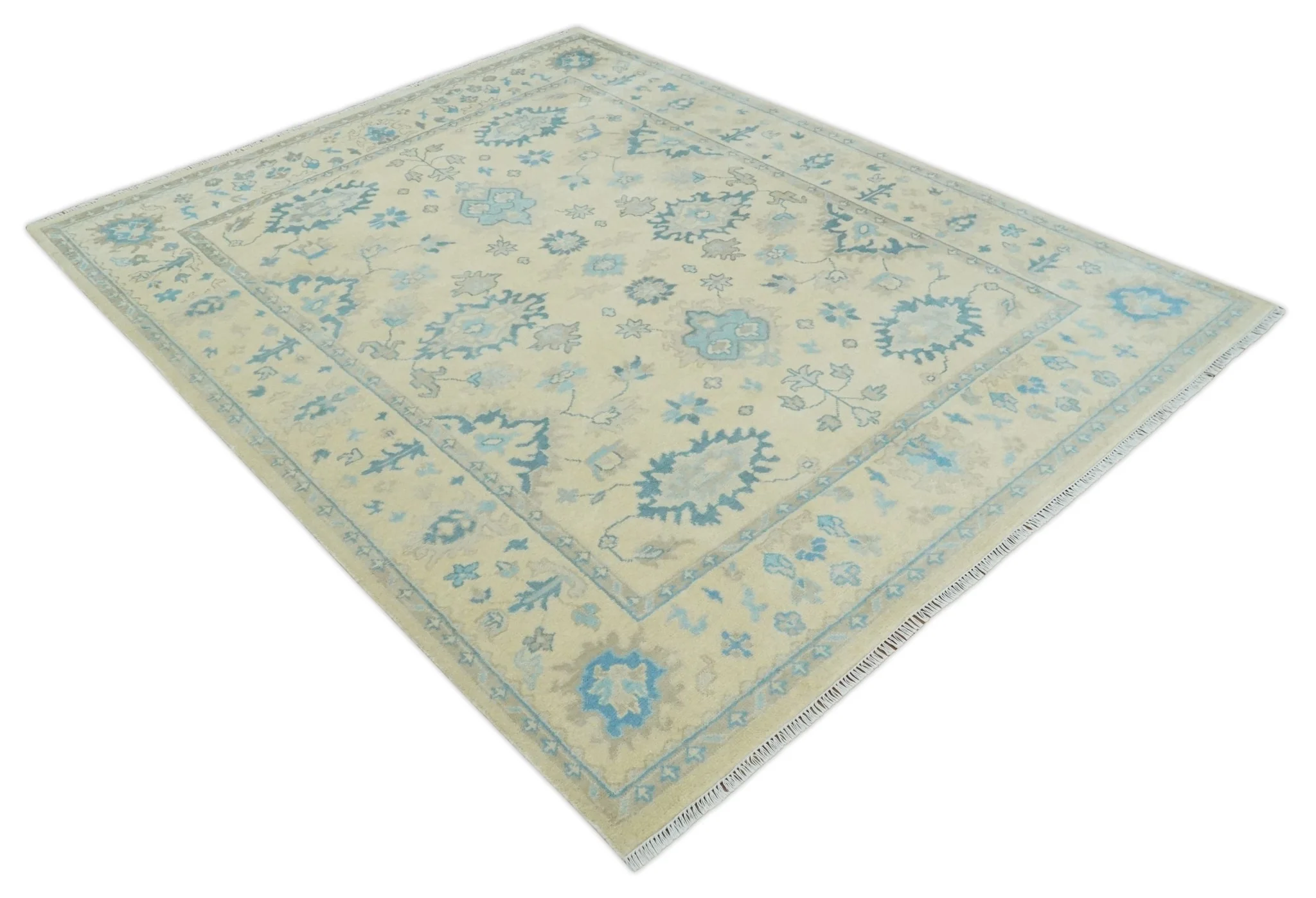 Hand Knotted 8x10 Beige and Teal Antique Oushak Persian Wool Area Rug | TRDCP1183810 - Image 9